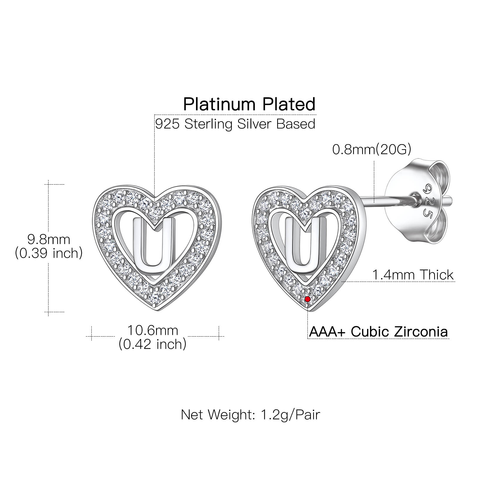Heart Initial Letter Earrings with Cubic Zirconia Stud Earrings Details: Dimensions, Hypoallergenic, Push Back Finding