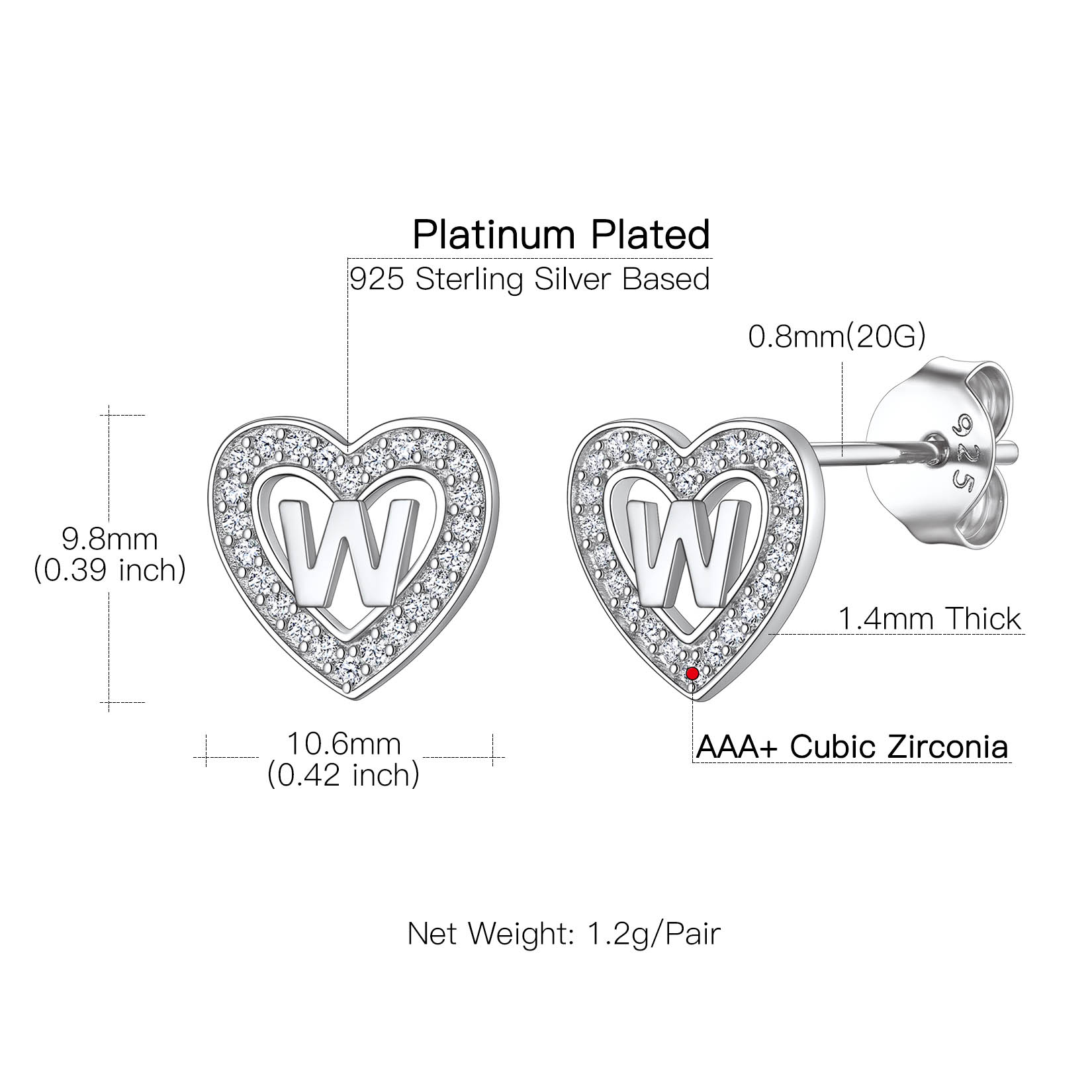 Heart Initial Letter Earrings with Cubic Zirconia Stud Earrings Details: Dimensions, Hypoallergenic, Push Back Finding