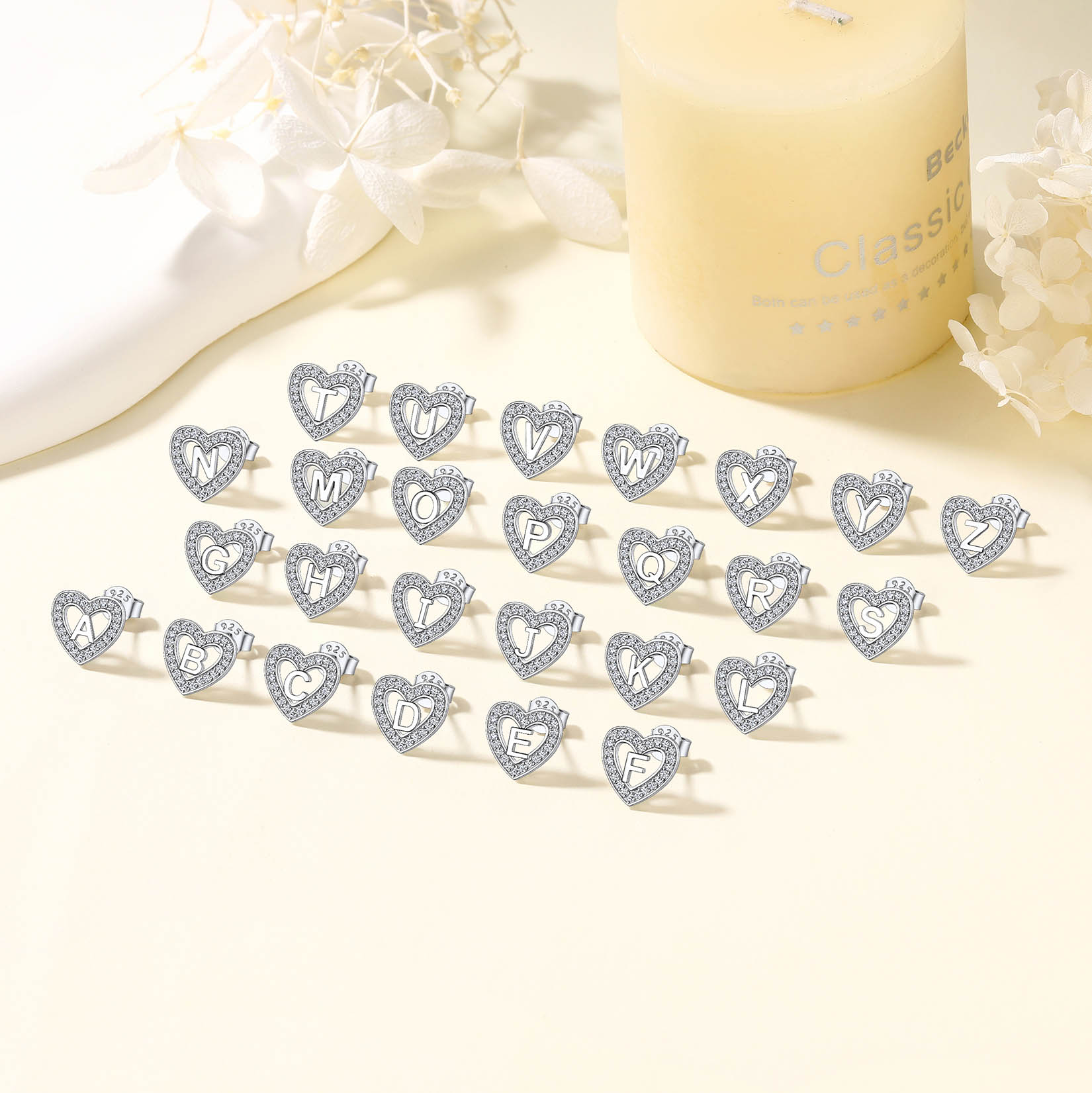 Sterling Silver ChicSilver Heart Initial Letter Earrings with Cubic Zirconia Stud Earrings in Different Letter
