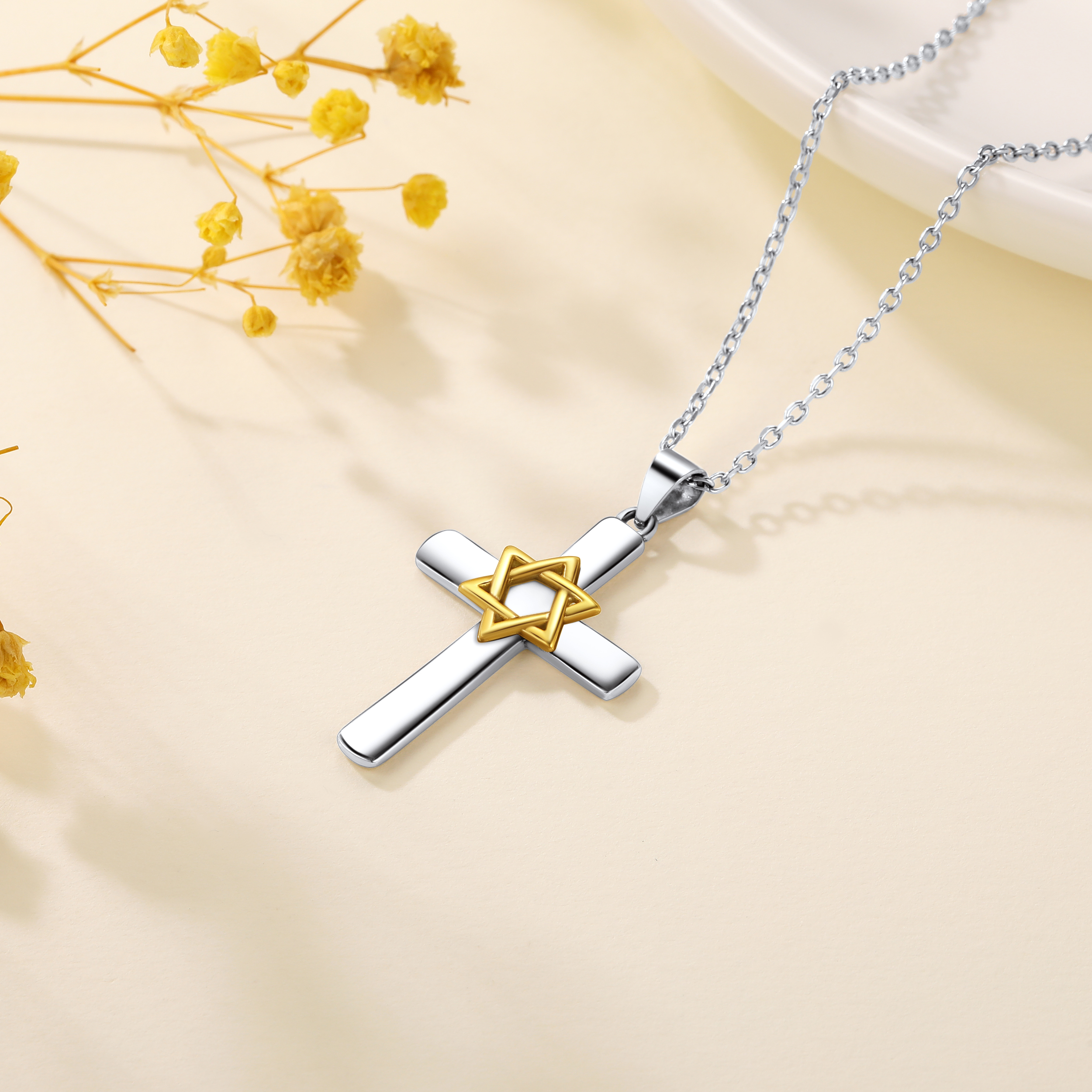 ChicSilver Sterling Silver Two Tone Cross Star of David Pendant Necklace
