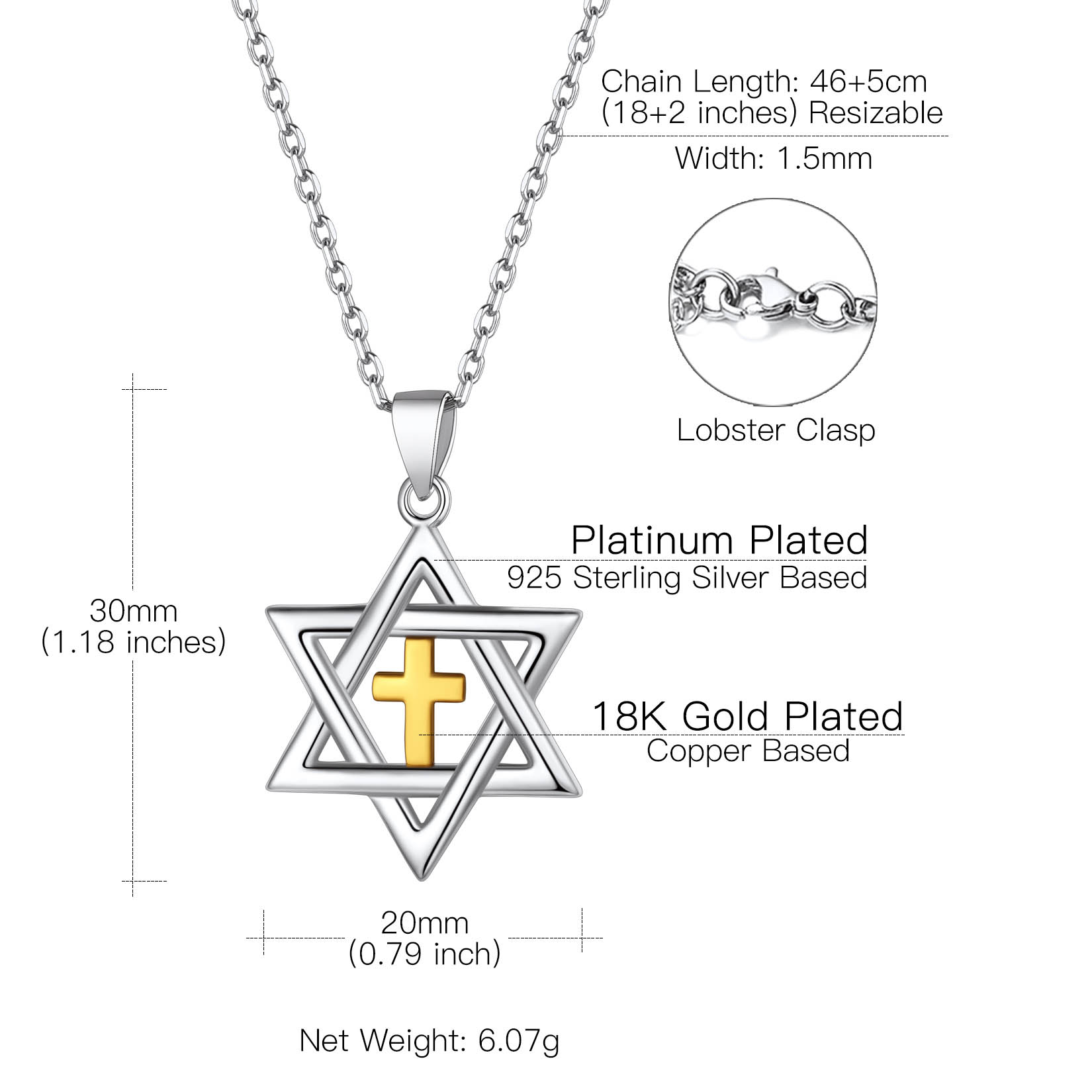 Cross Star of David Pendant Necklace Details: Dimensions, Hypoallergenic, Lobster-Claw-Clasps