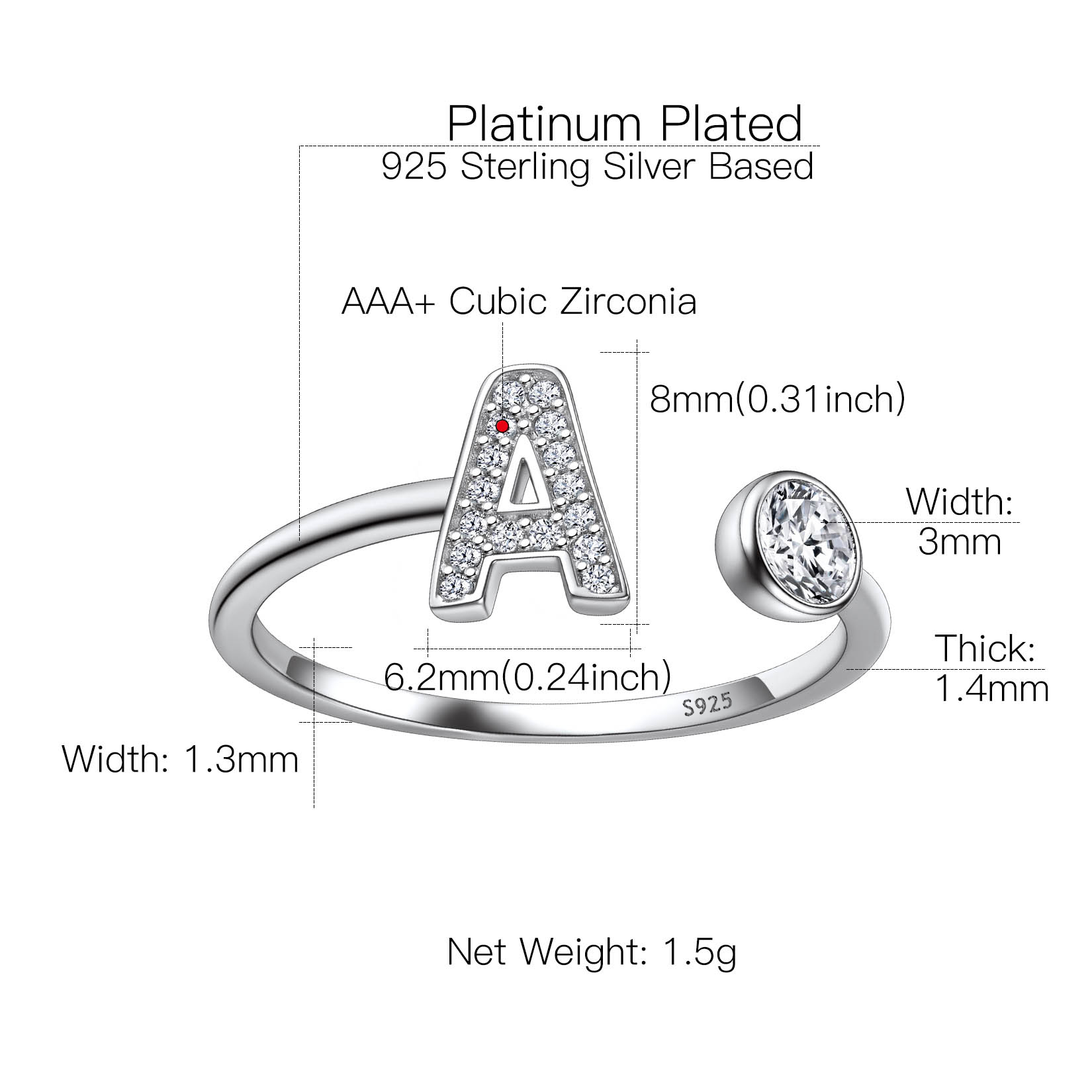 Sterling Silver ChicSilver Cubic Zirconia Initial Statement Open Ring Details: Dimensions, Hypoallergenic, Adjustable size for 6~11