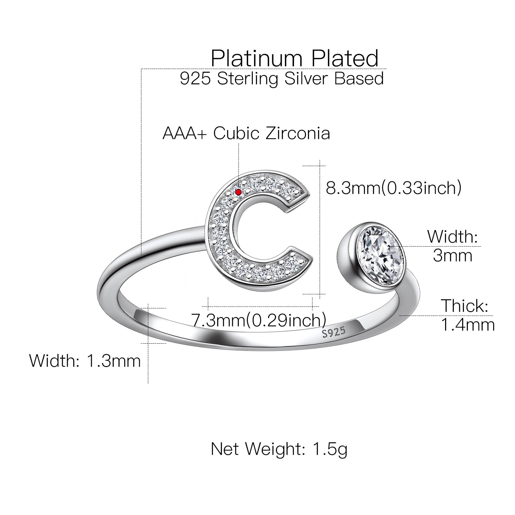 Sterling Silver ChicSilver Cubic Zirconia Initial Statement Open Ring Details: Dimensions, Hypoallergenic, Adjustable size for 6~11