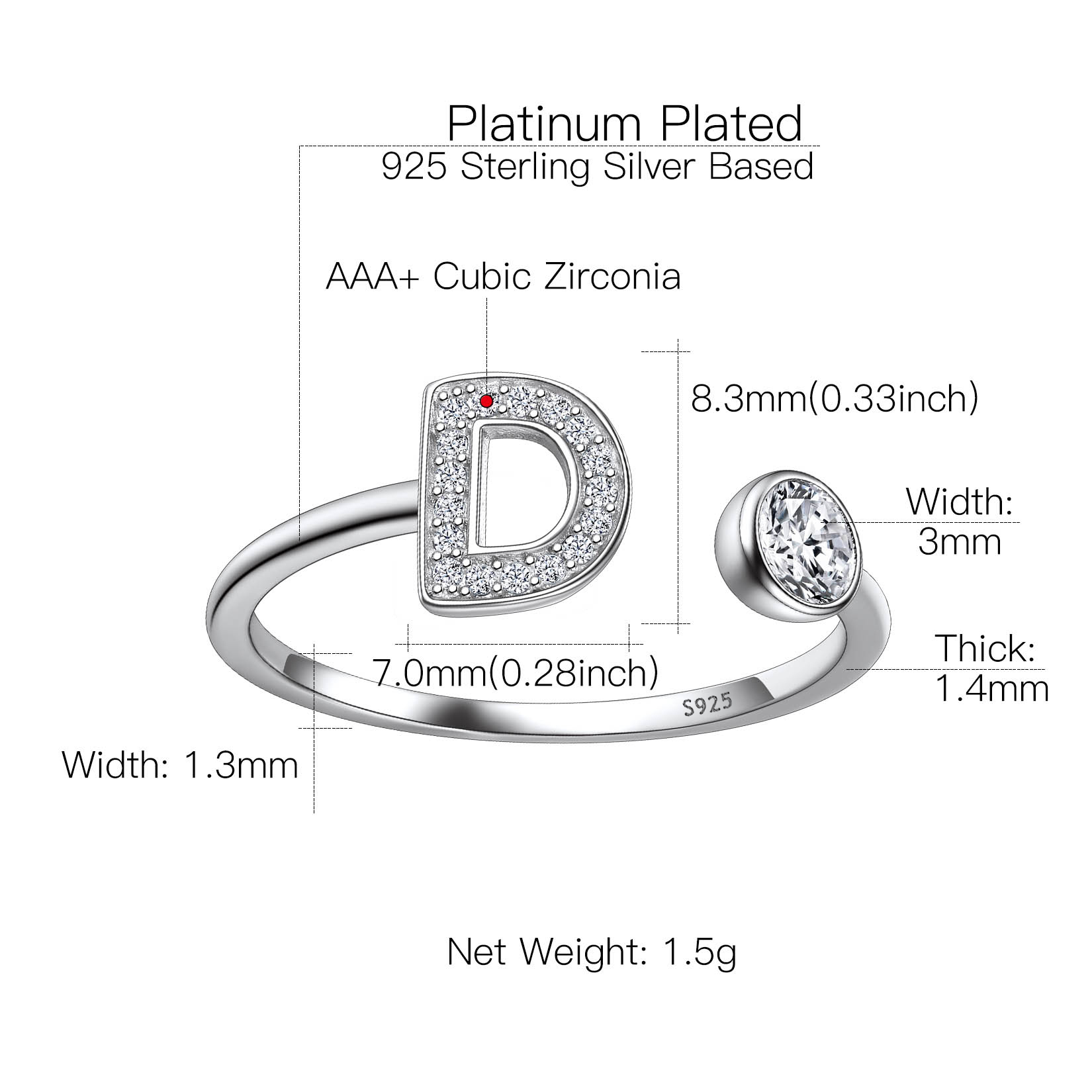 Sterling Silver ChicSilver Cubic Zirconia Initial Statement Open Ring Details: Dimensions, Hypoallergenic, Adjustable size for 6~11