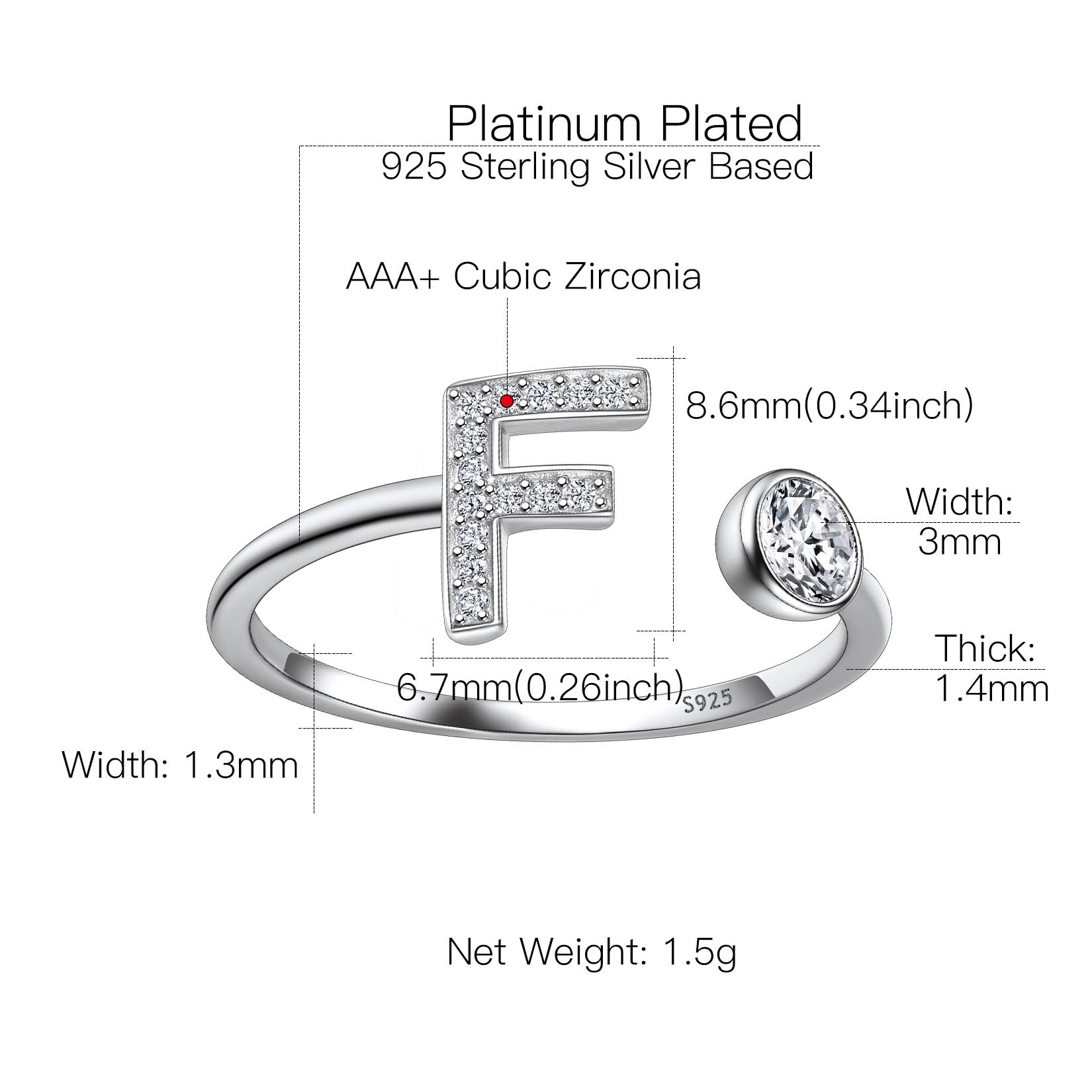 Sterling Silver ChicSilver Cubic Zirconia Initial Statement Open Ring Details: Dimensions, Hypoallergenic, Adjustable size for 6~11