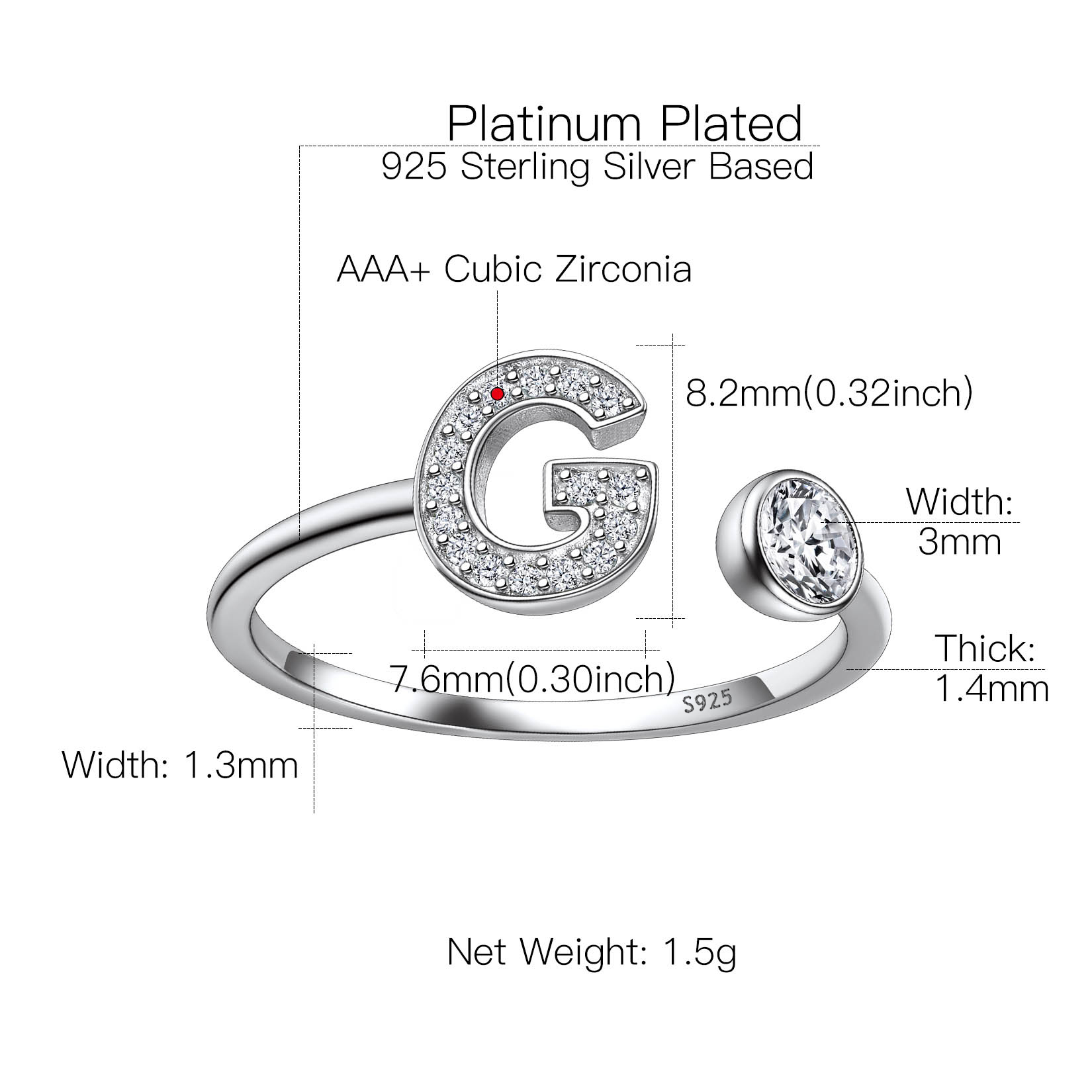 Sterling Silver ChicSilver Cubic Zirconia Initial Statement Open Ring Details: Dimensions, Hypoallergenic, Adjustable size for 6~11