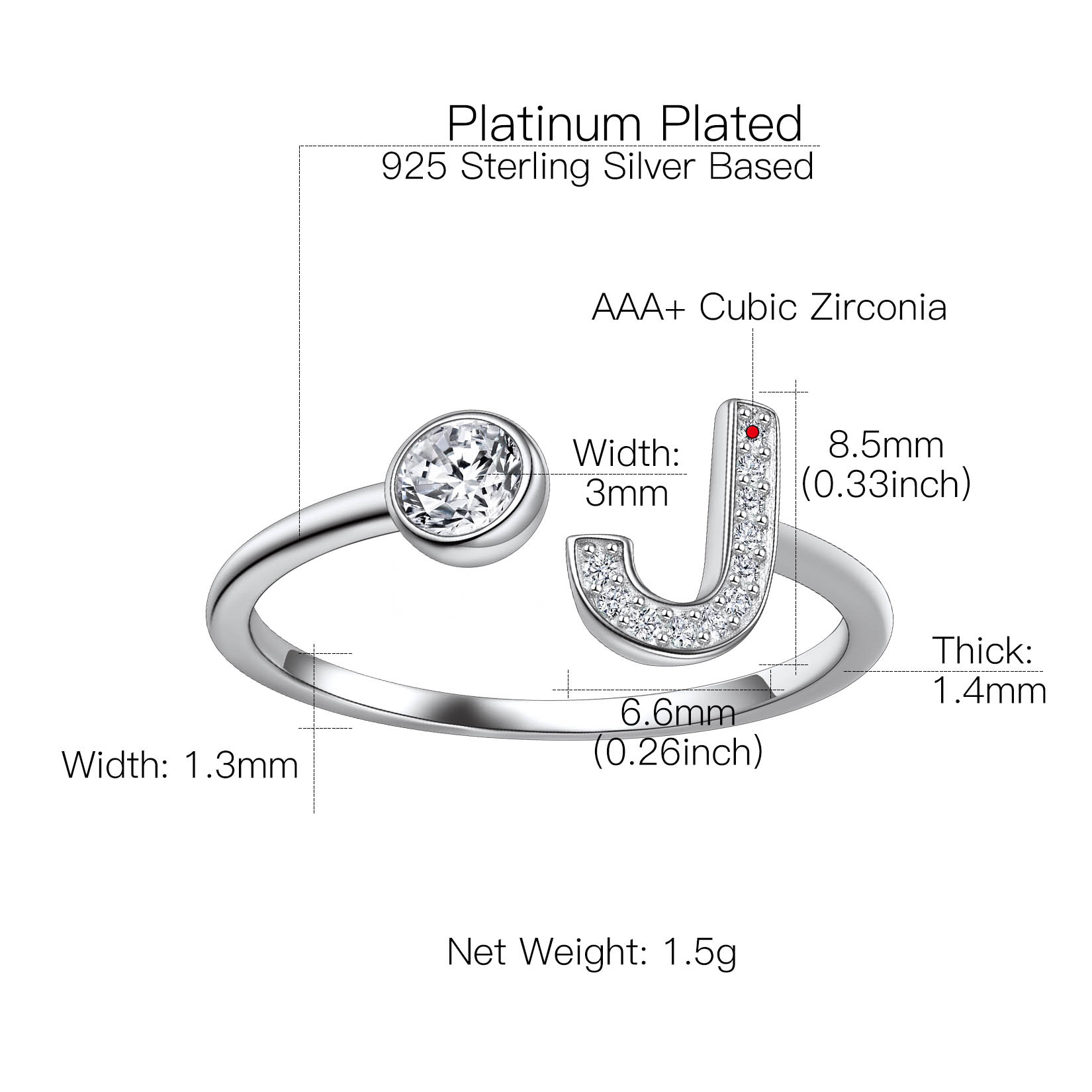 Sterling Silver ChicSilver Cubic Zirconia Initial Statement Open Ring Details: Dimensions, Hypoallergenic, Adjustable size for 6~11