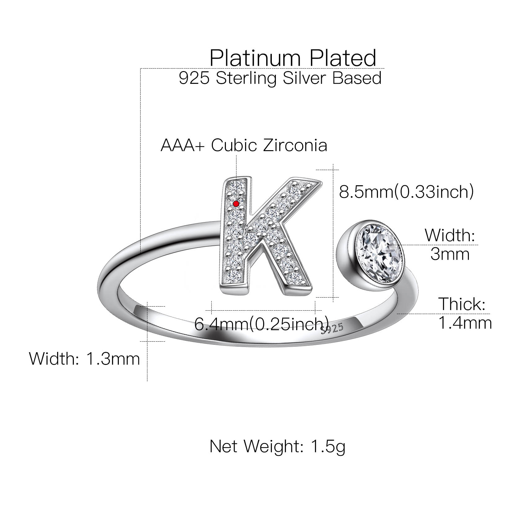 Sterling Silver ChicSilver Cubic Zirconia Initial Statement Open Ring Details: Dimensions, Hypoallergenic, Adjustable size for 6~11