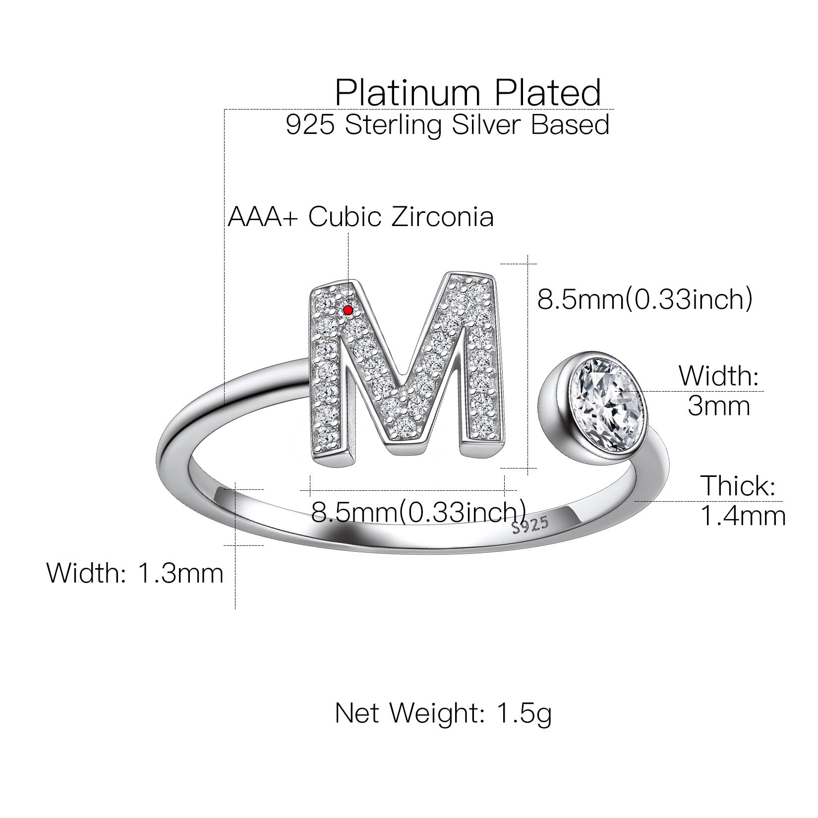 Sterling Silver ChicSilver Cubic Zirconia Initial Statement Open Ring Details: Dimensions, Hypoallergenic, Adjustable size for 6~11