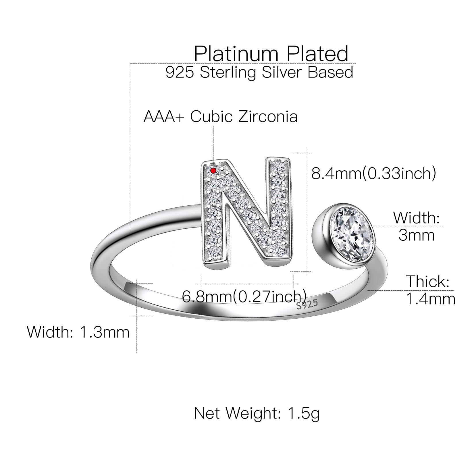 Sterling Silver ChicSilver Cubic Zirconia Initial Statement Open Ring Details: Dimensions, Hypoallergenic, Adjustable size for 6~11