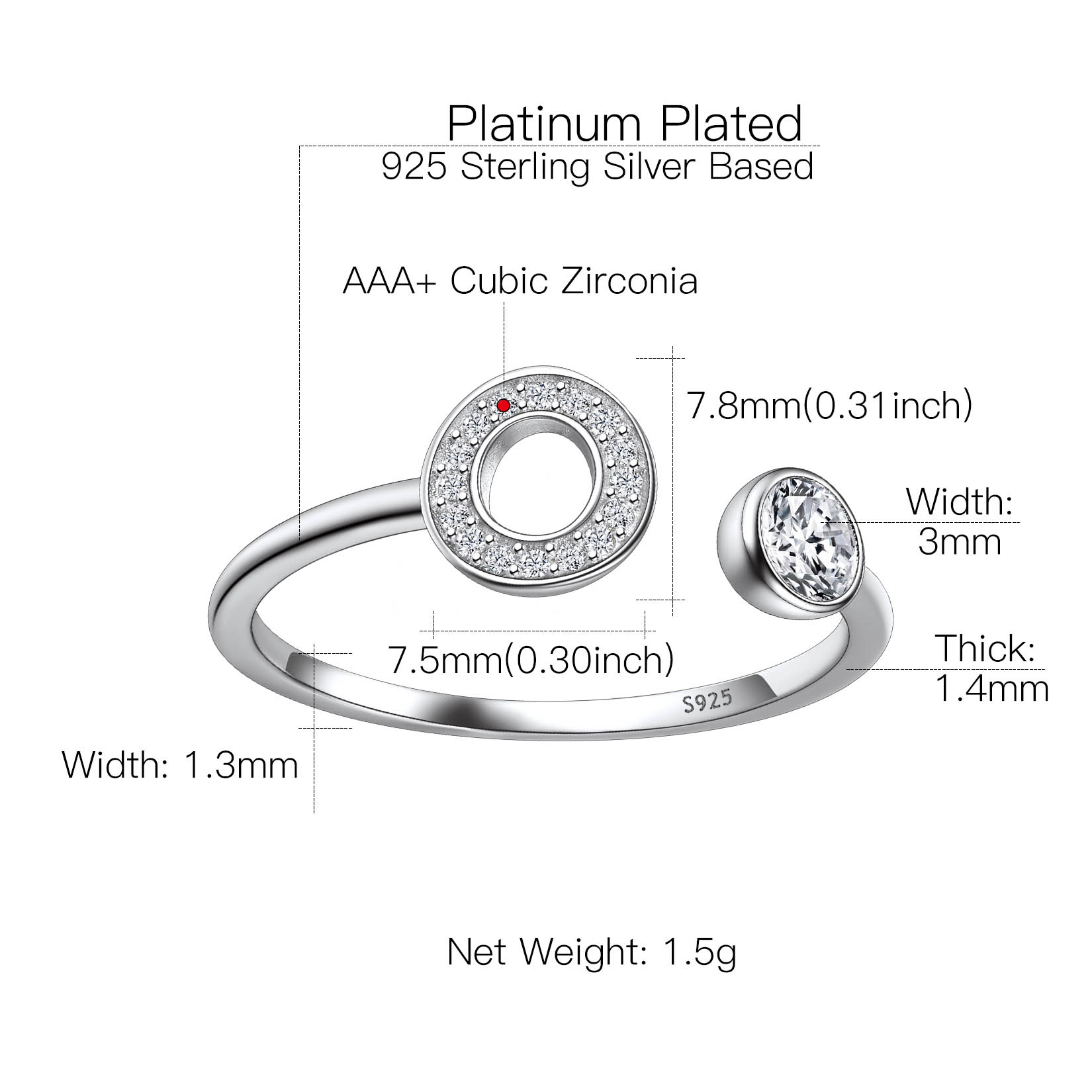Sterling Silver ChicSilver Cubic Zirconia Initial Statement Open Ring Details: Dimensions, Hypoallergenic, Adjustable size for 6~11