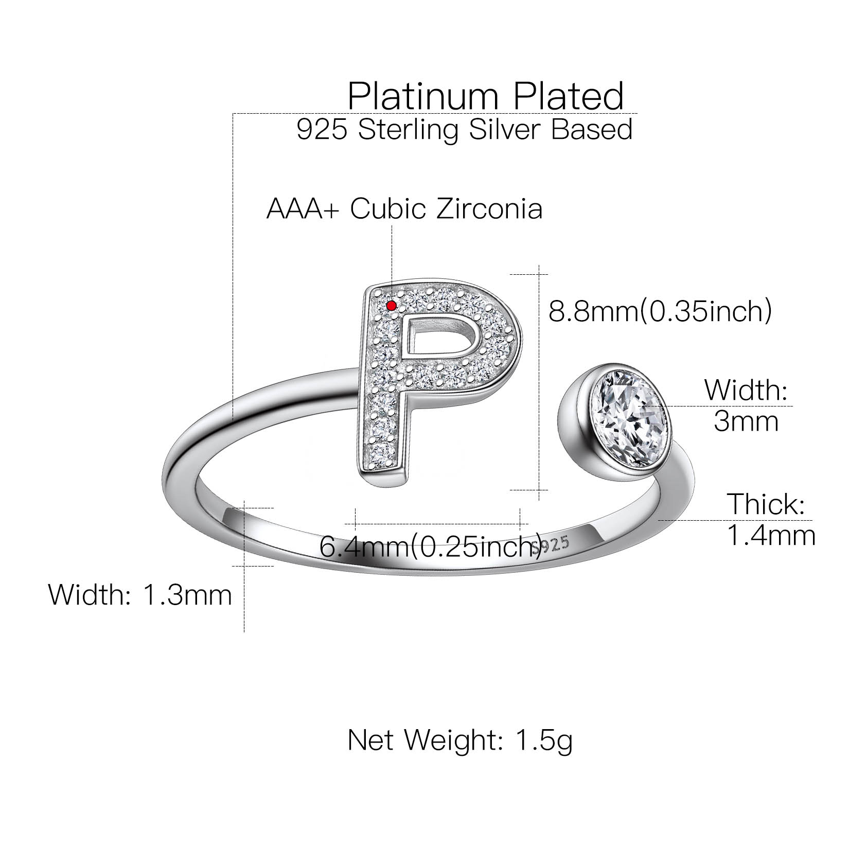 Sterling Silver ChicSilver Cubic Zirconia Initial Statement Open Ring Details: Dimensions, Hypoallergenic, Adjustable size for 6~11
