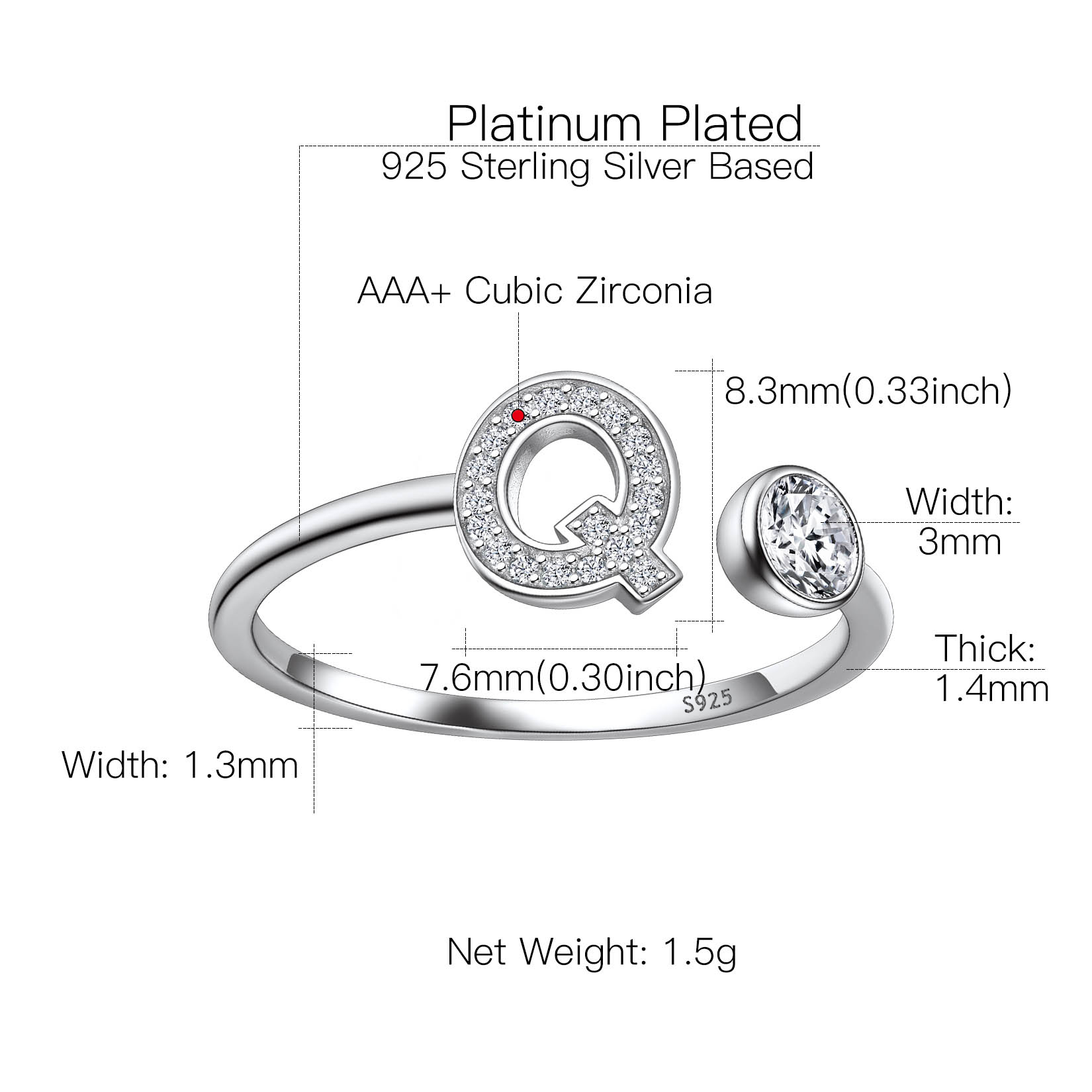 Sterling Silver ChicSilver Cubic Zirconia Initial Statement Open Ring Details: Dimensions, Hypoallergenic, Adjustable size for 6~11