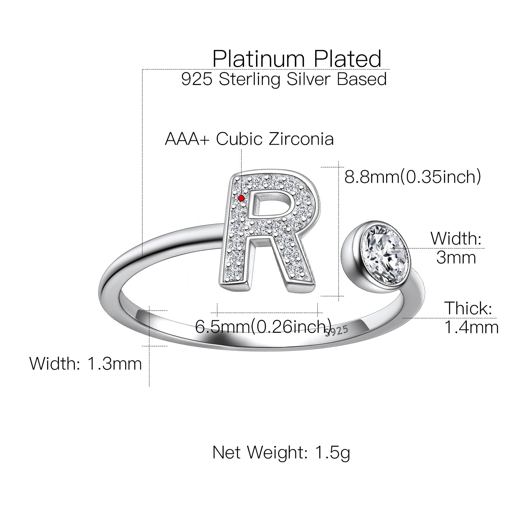 Sterling Silver ChicSilver Cubic Zirconia Initial Statement Open Ring Details: Dimensions, Hypoallergenic, Adjustable size for 6~11