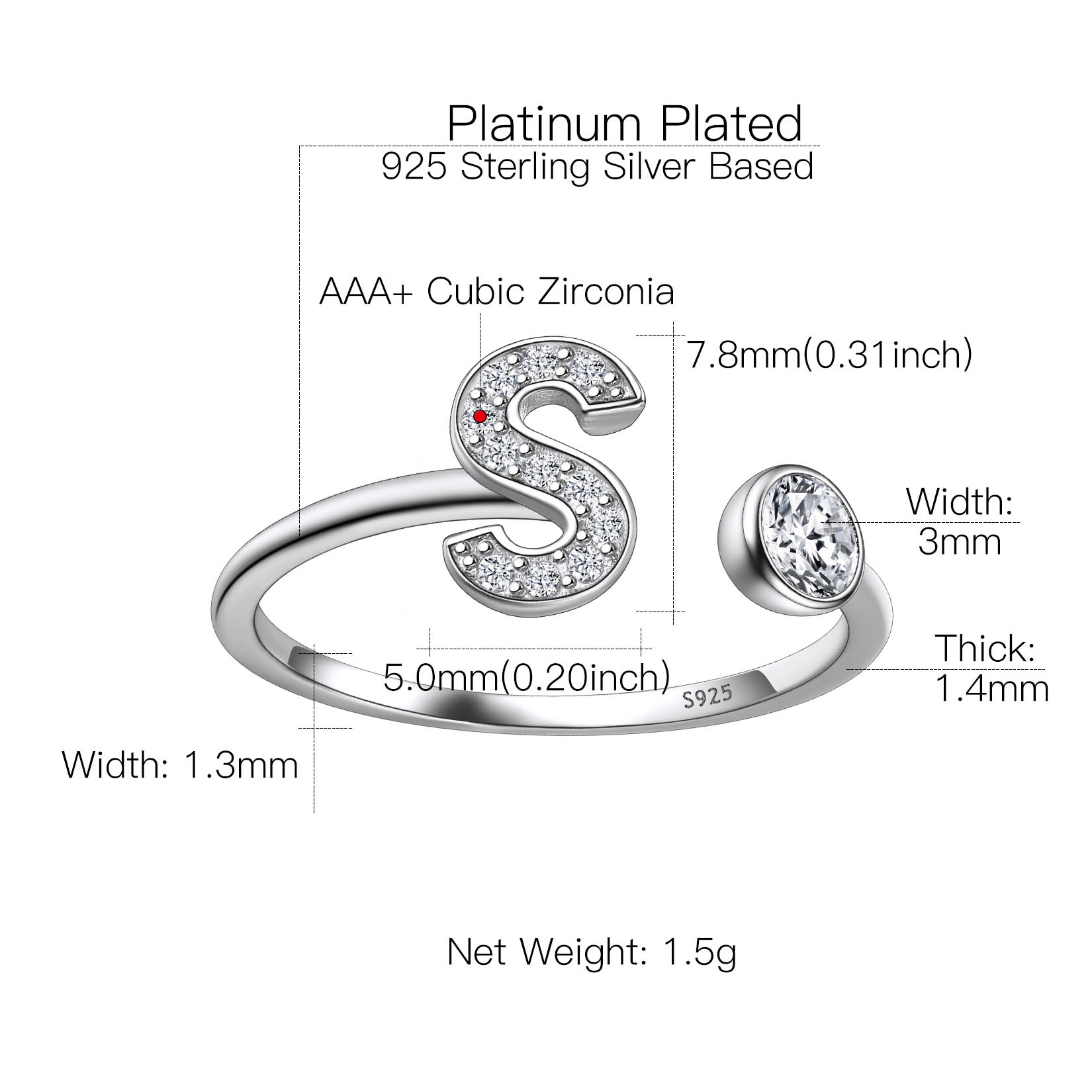 Sterling Silver ChicSilver Cubic Zirconia Initial Statement Open Ring Details: Dimensions, Hypoallergenic, Adjustable size for 6~11