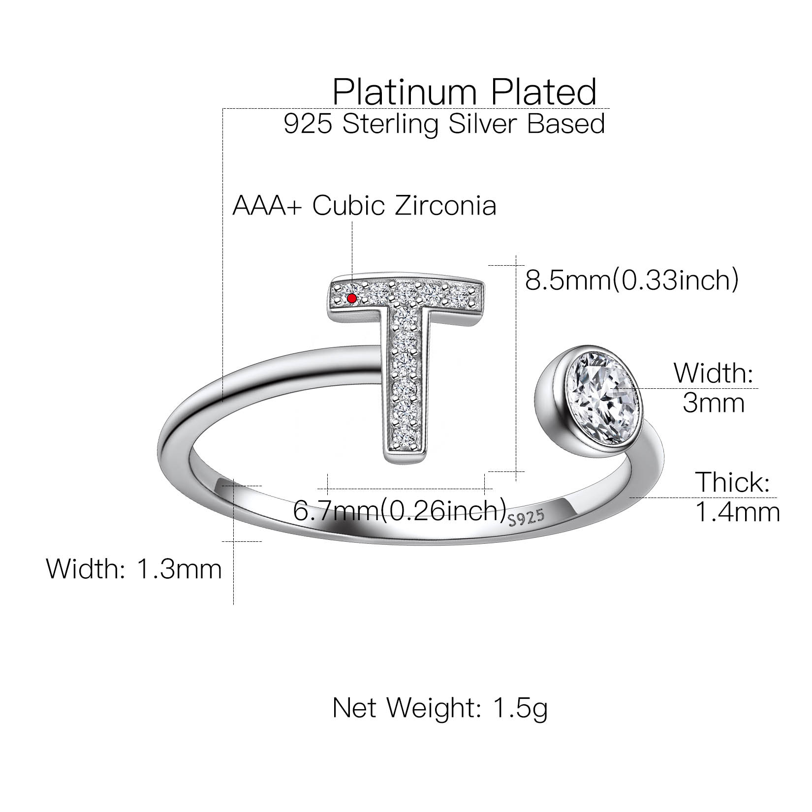 Sterling Silver ChicSilver Cubic Zirconia Initial Statement Open Ring Details: Dimensions, Hypoallergenic, Adjustable size for 6~11