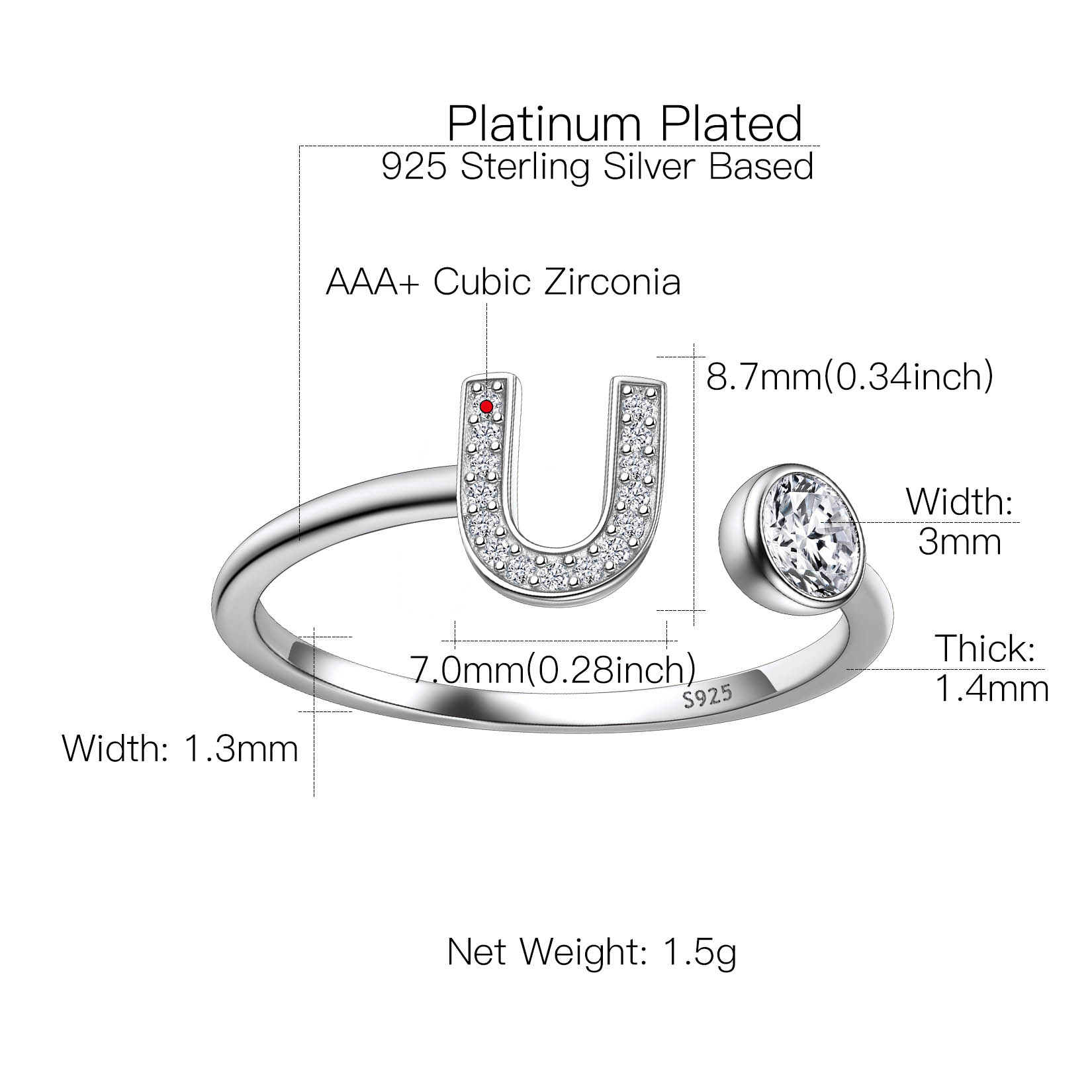 Sterling Silver ChicSilver Cubic Zirconia Initial Statement Open Ring Details: Dimensions, Hypoallergenic, Adjustable size for 6~11