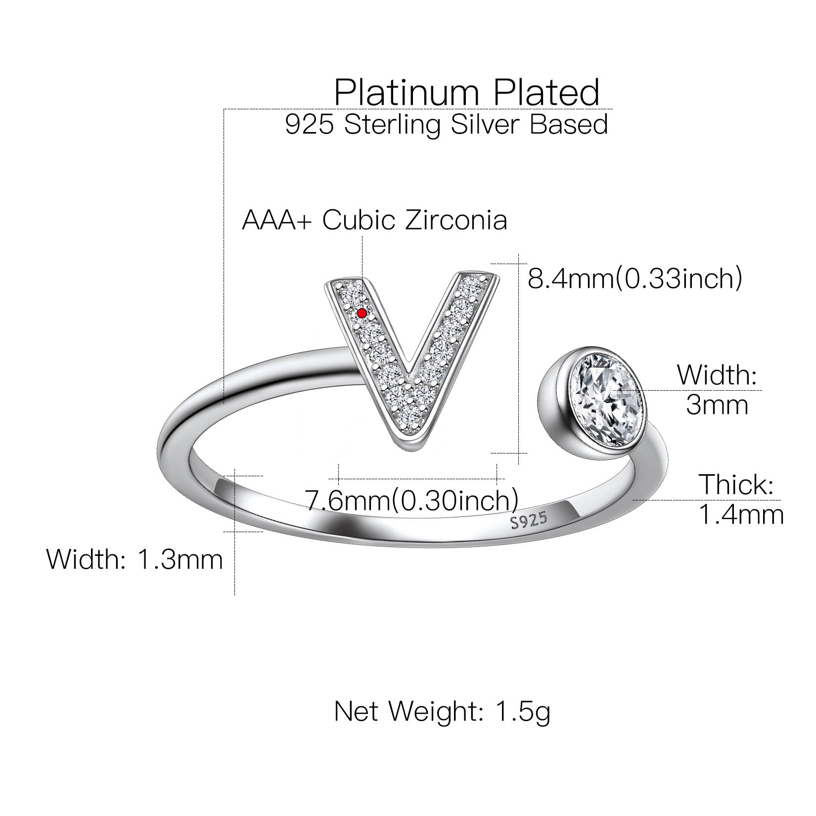 Sterling Silver ChicSilver Cubic Zirconia Initial Statement Open Ring Details: Dimensions, Hypoallergenic, Adjustable size for 6~11