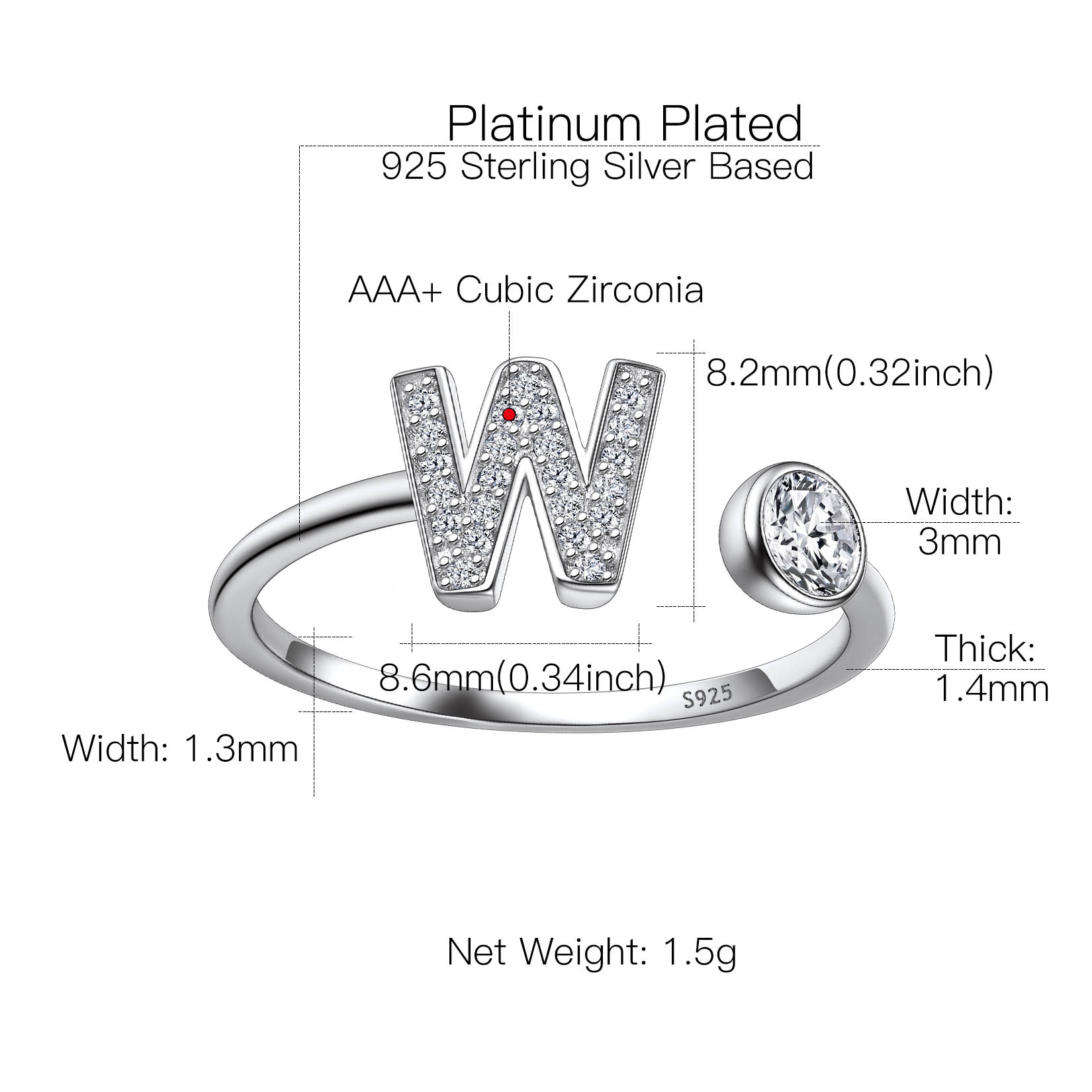 Sterling Silver ChicSilver Cubic Zirconia Initial Statement Open Ring Details: Dimensions, Hypoallergenic, Adjustable size for 6~11