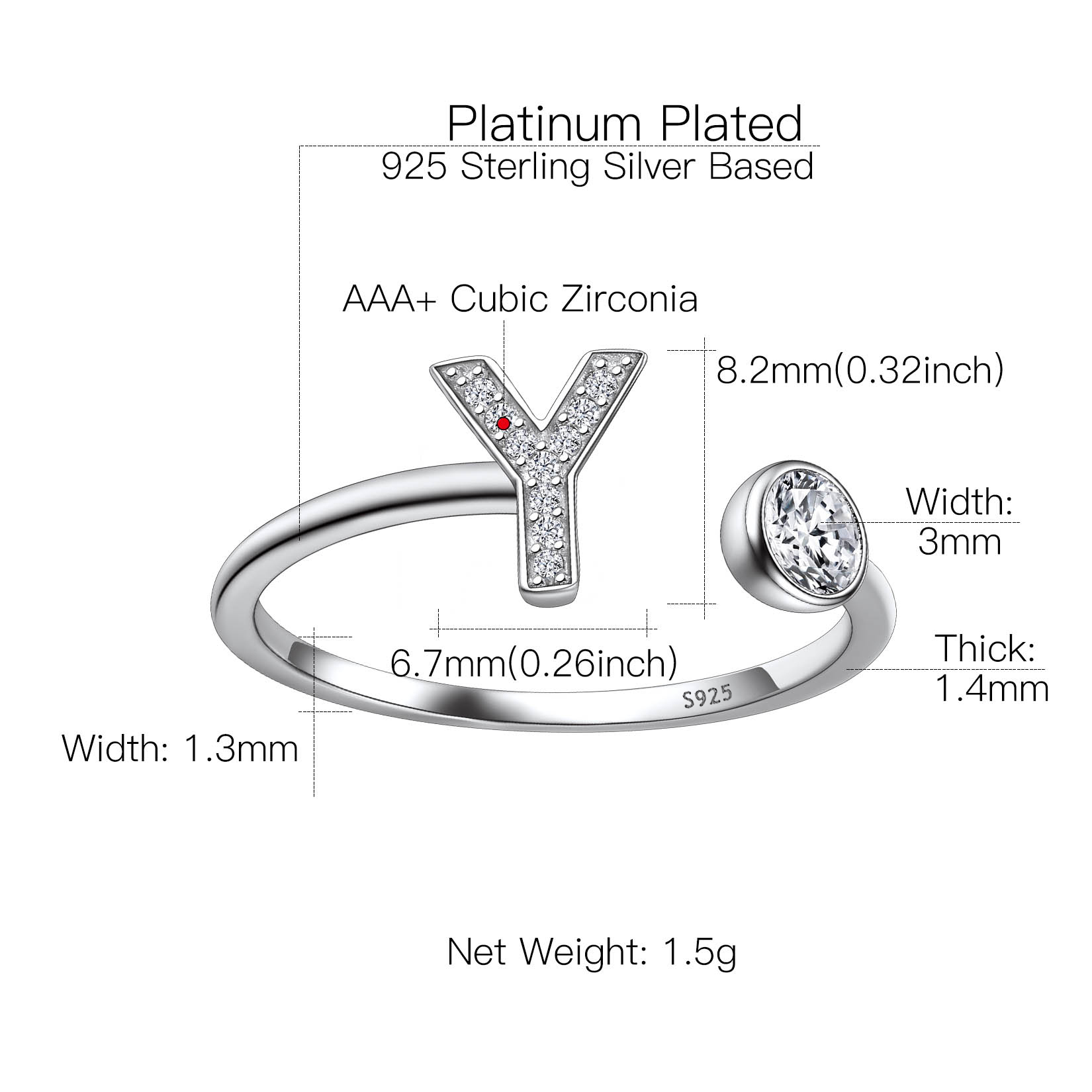 Sterling Silver ChicSilver Cubic Zirconia Initial Statement Open Ring Details: Dimensions, Hypoallergenic, Adjustable size for 6~11