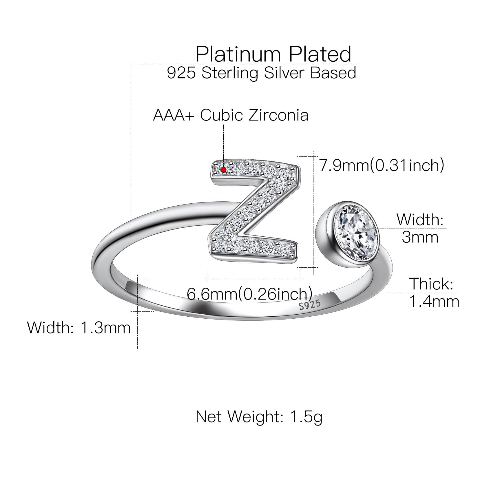 Sterling Silver ChicSilver Cubic Zirconia Initial Statement Open Ring Details: Dimensions, Hypoallergenic, Adjustable size for 6~11