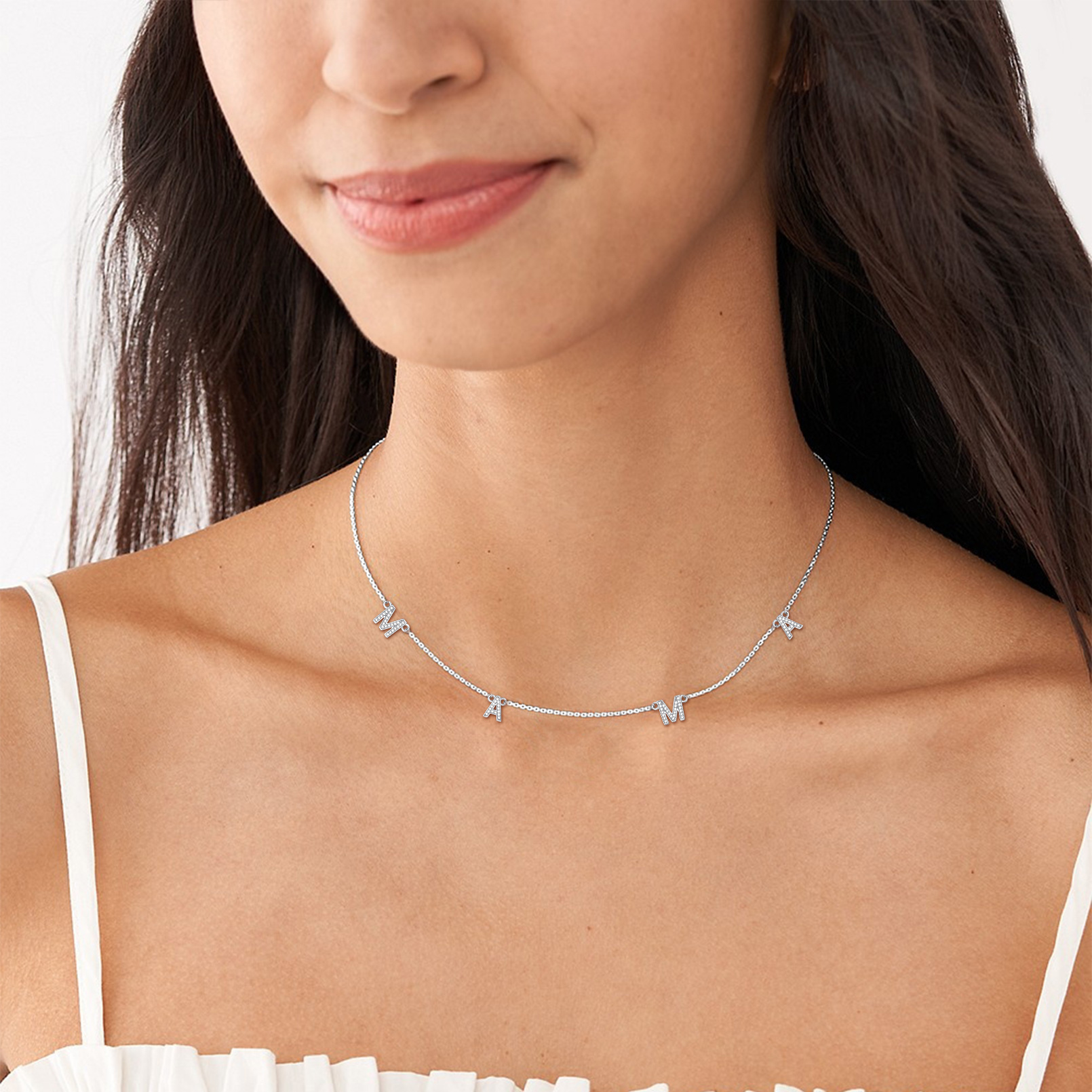 MAMA Letter Choker Necklace With AAA Cubic Zirconia 925 Sterling Silver - model effect