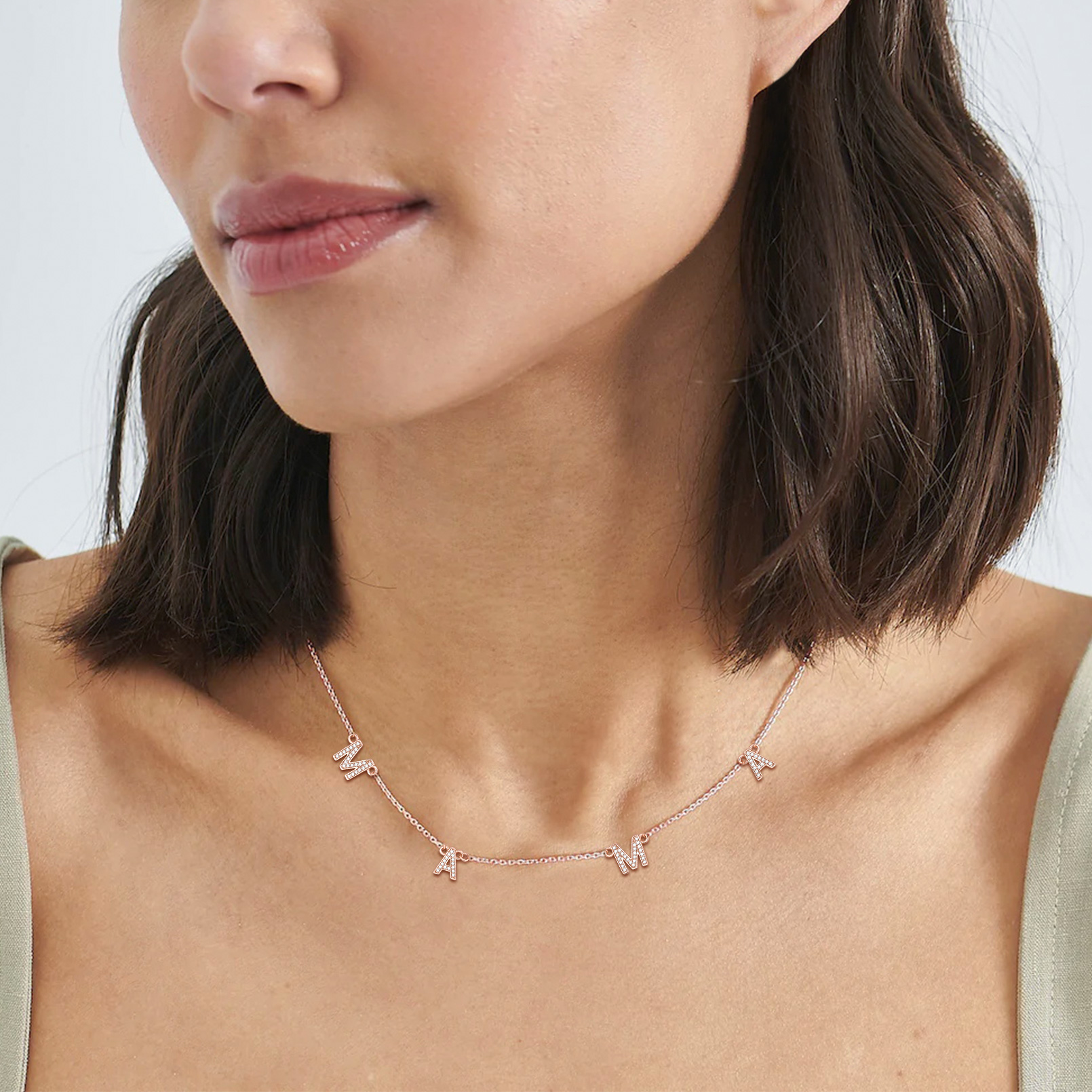 MAMA Letter Choker Necklace With AAA Cubic Zirconia Rose Gold Plated - model effect