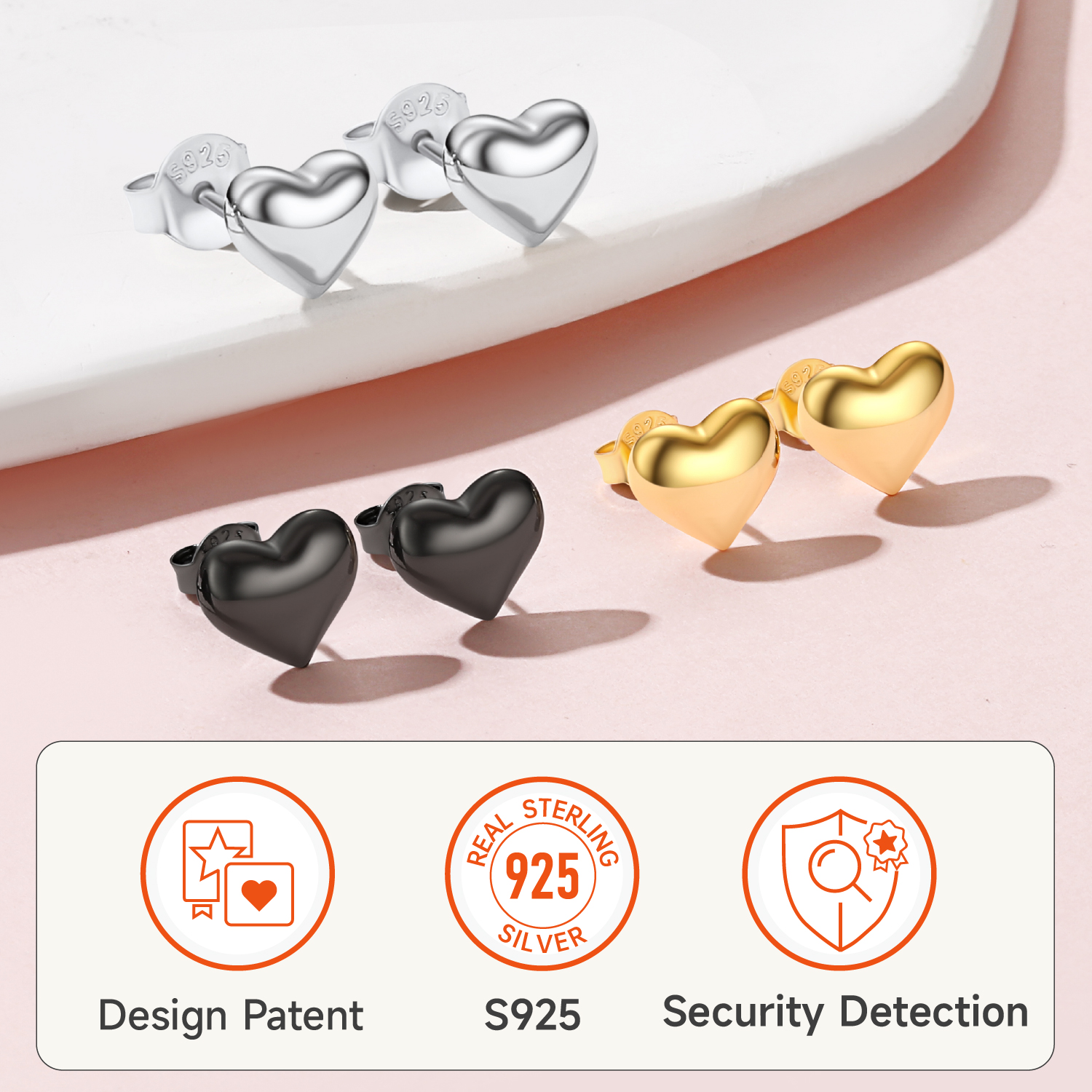 ChicSilver Sterling Silver  Hypoallergenic Lightweight Puff Heart Studs Earrings in Different Colors