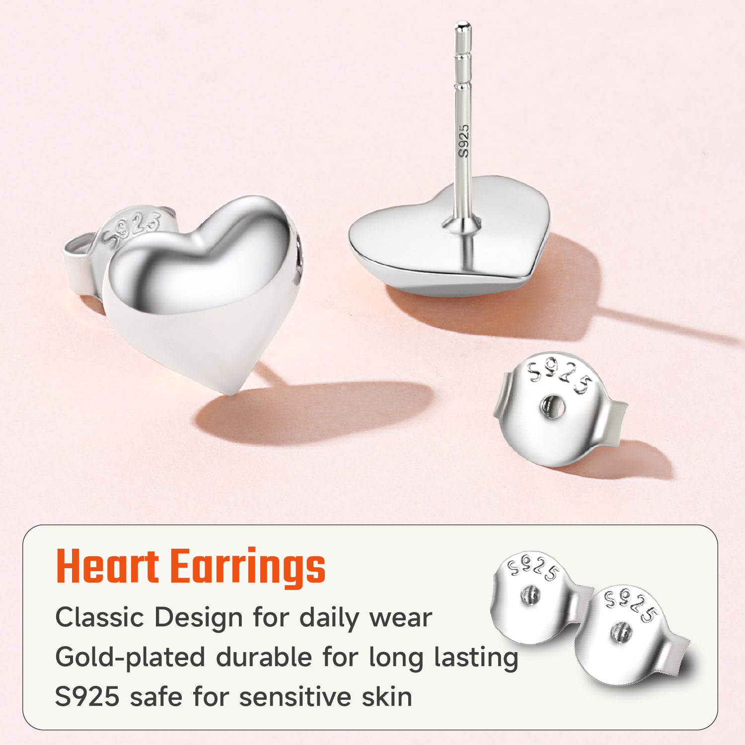 ChicSilver Sterling Silver Hypoallergenic Lightweight Puff Heart Studs Earrings