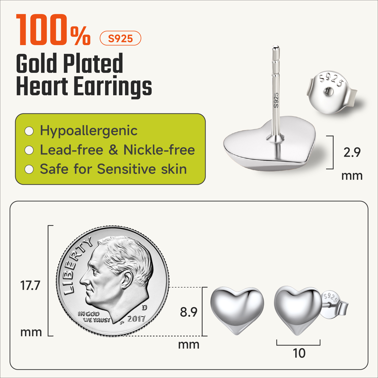 ChicSilver 10mm Sterling Silver Hypoallergenic Lightweight Puff Heart Studs Earrings Details: Dimensions, Hypoallergenic, Push Back Finding