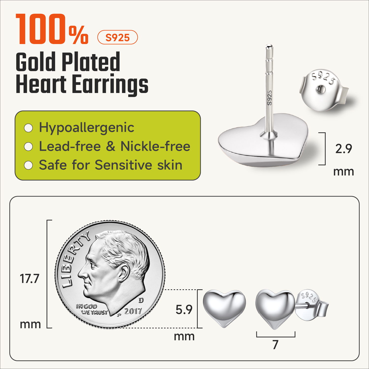 ChicSilver 7mm Sterling Silver Hypoallergenic Lightweight Puff Heart Studs Earrings Details: Dimensions, Hypoallergenic, Push Back Finding