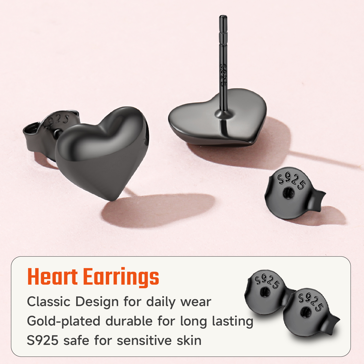 ChicSilver Sterling Silver Balck Plated Hypoallergenic Lightweight Puff Heart Studs Earrings