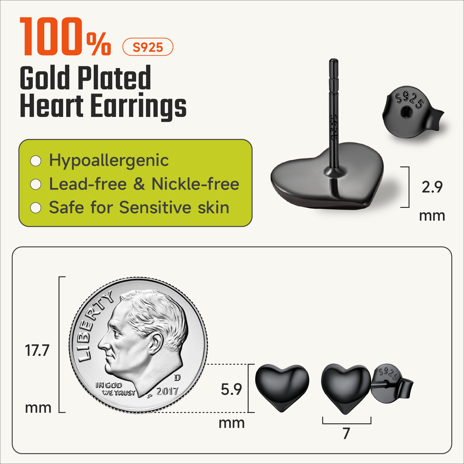 ChicSilver 7mm Black Plated Sterling Silver Hypoallergenic Lightweight Puff Heart Studs Earrings Details: Dimensions, Hypoallergenic, Push Back Finding