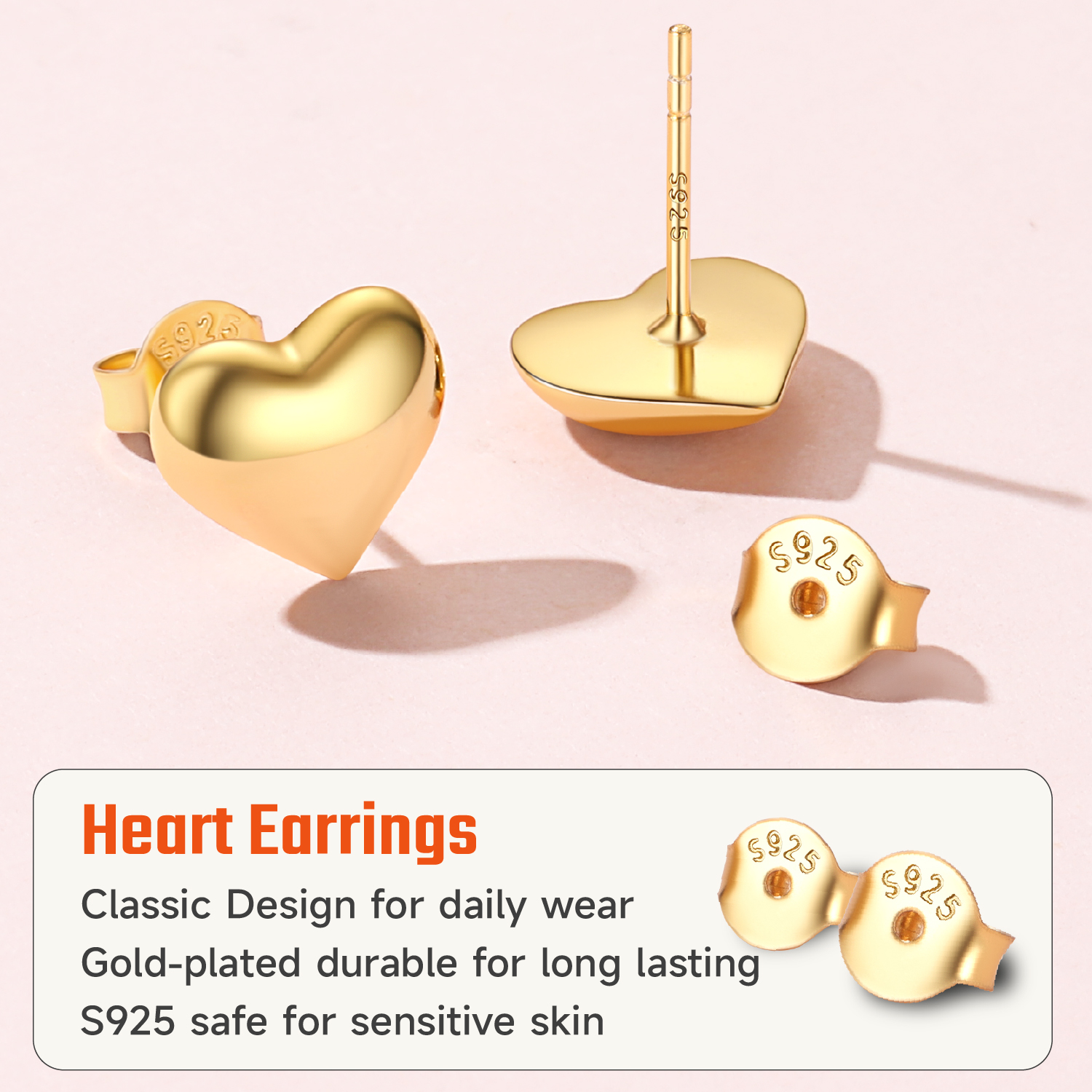 ChicSilver Gold Plated Sterling Silver Hypoallergenic Lightweight Puff Heart Studs Earrings