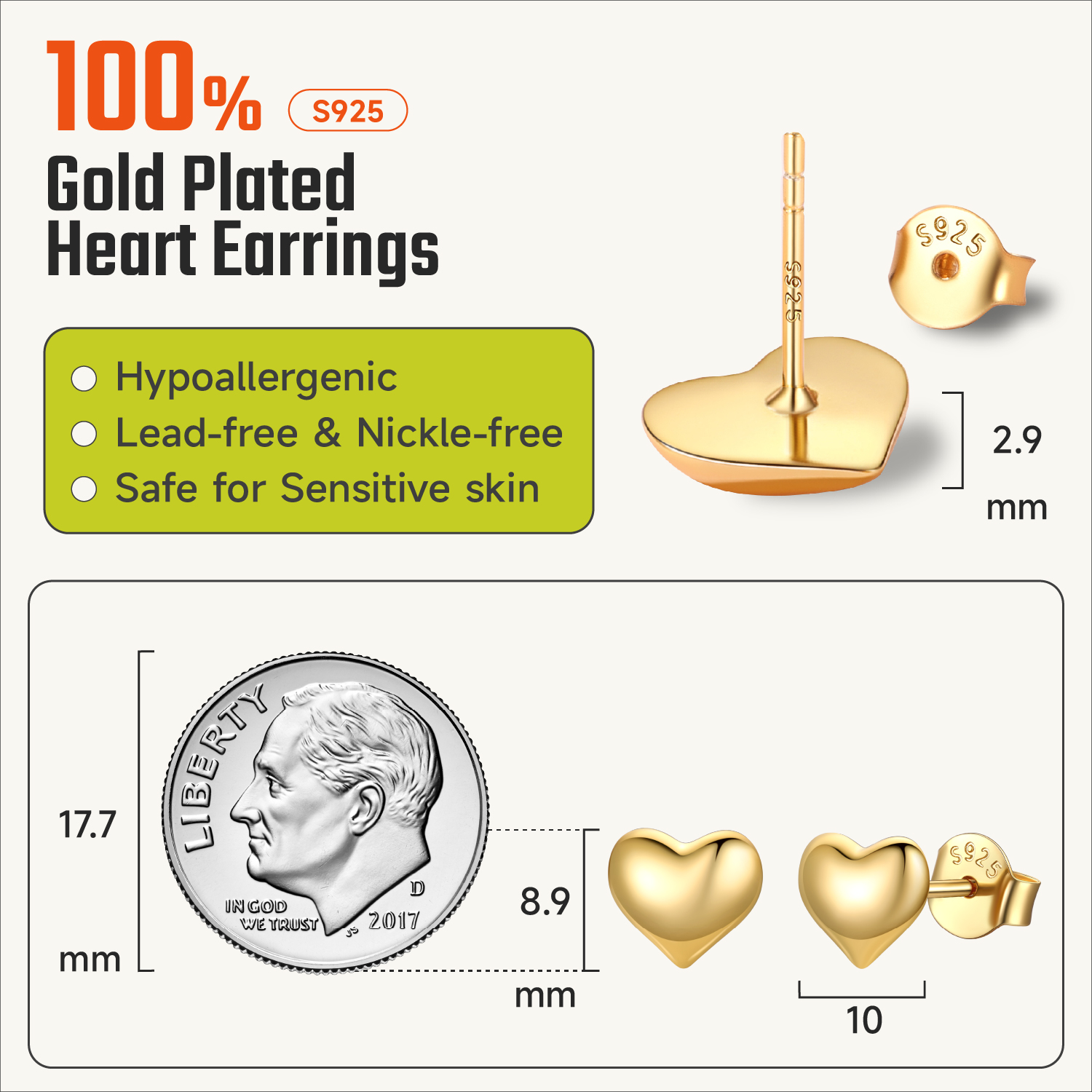 ChicSilver 10mm Gold Plated Sterling Silver Hypoallergenic Lightweight Puff Heart Studs Earrings Details: Dimensions, Hypoallergenic, Push Back Finding