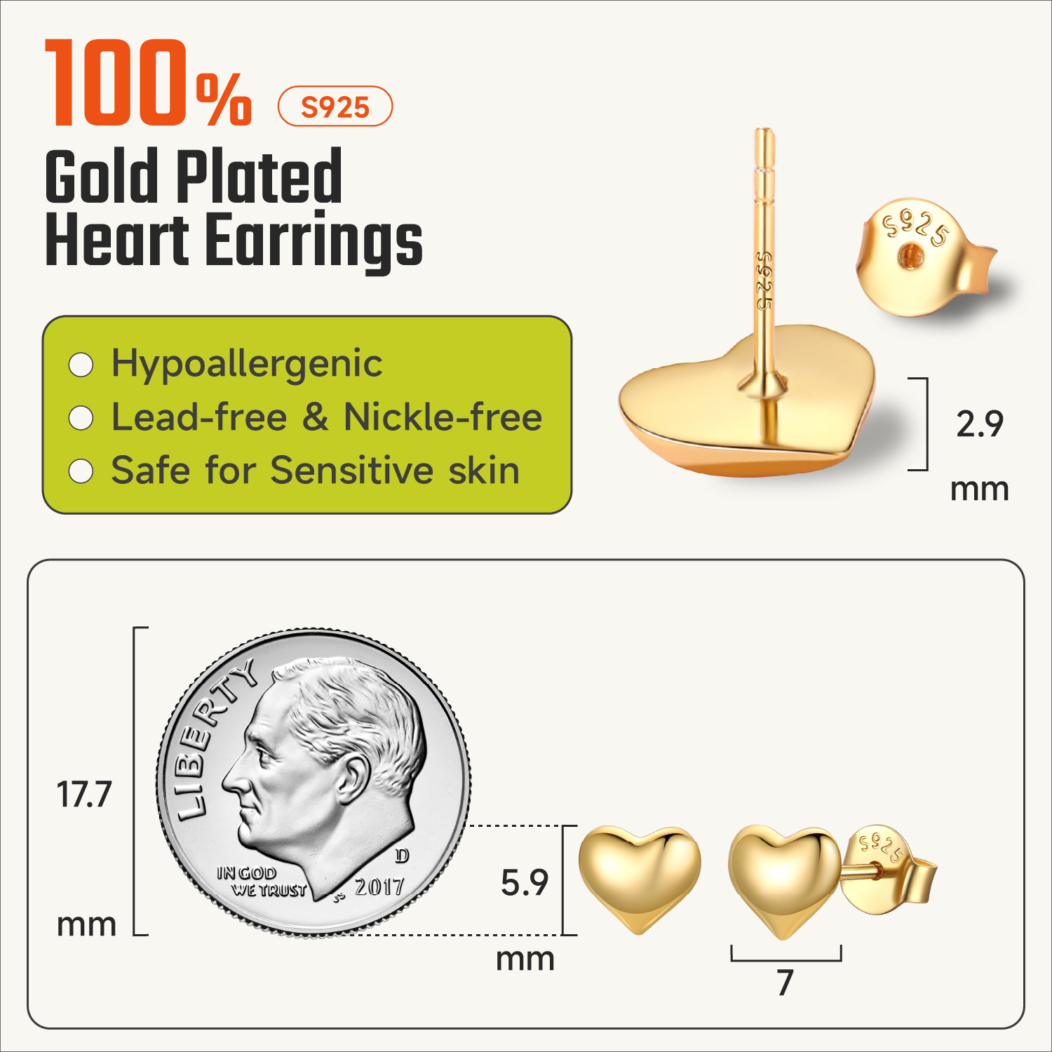 ChicSilver 7mm Gold Plated Sterling Silver Hypoallergenic Lightweight Puff Heart Studs Earrings Details: Dimensions, Hypoallergenic, Push Back Finding