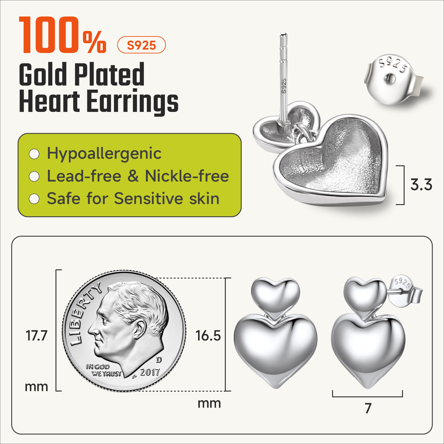 ChicSilver Sterling Silver Two Heart Puffy Dangle Studs Earrings Details: Dimensions, Hypoallergenic, Push Back Finding