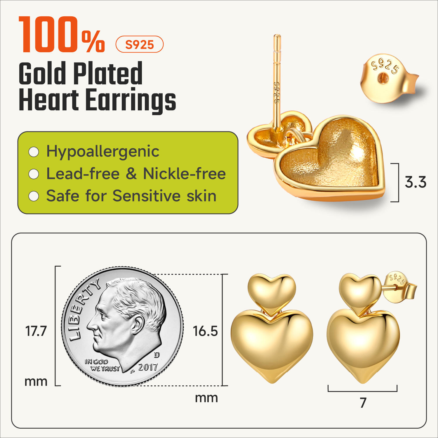 ChicSilver Gold Plated Sterling Silver Two Heart Puffy Dangle Studs Earrings Details: Dimensions, Hypoallergenic, Push Back Finding