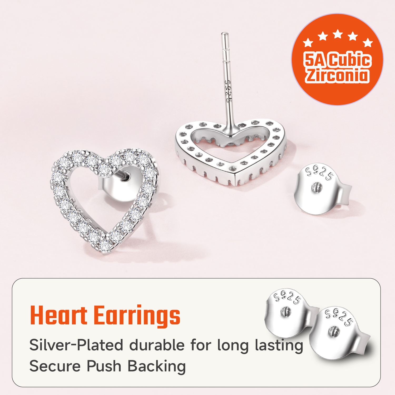 Sterling Silver  Hypoallergenic Hollow Heart Cubic Zirconia Stud Earrings