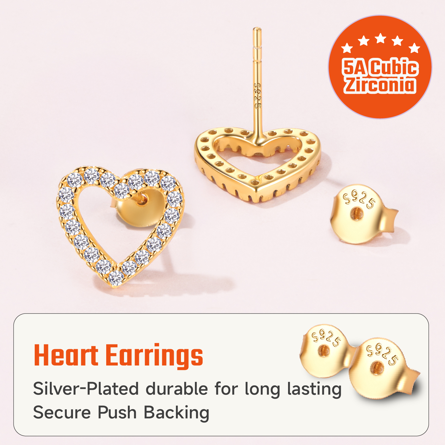 Sterling Silver Hypoallergenic Hollow Heart Cubic Zirconia Stud Earrings