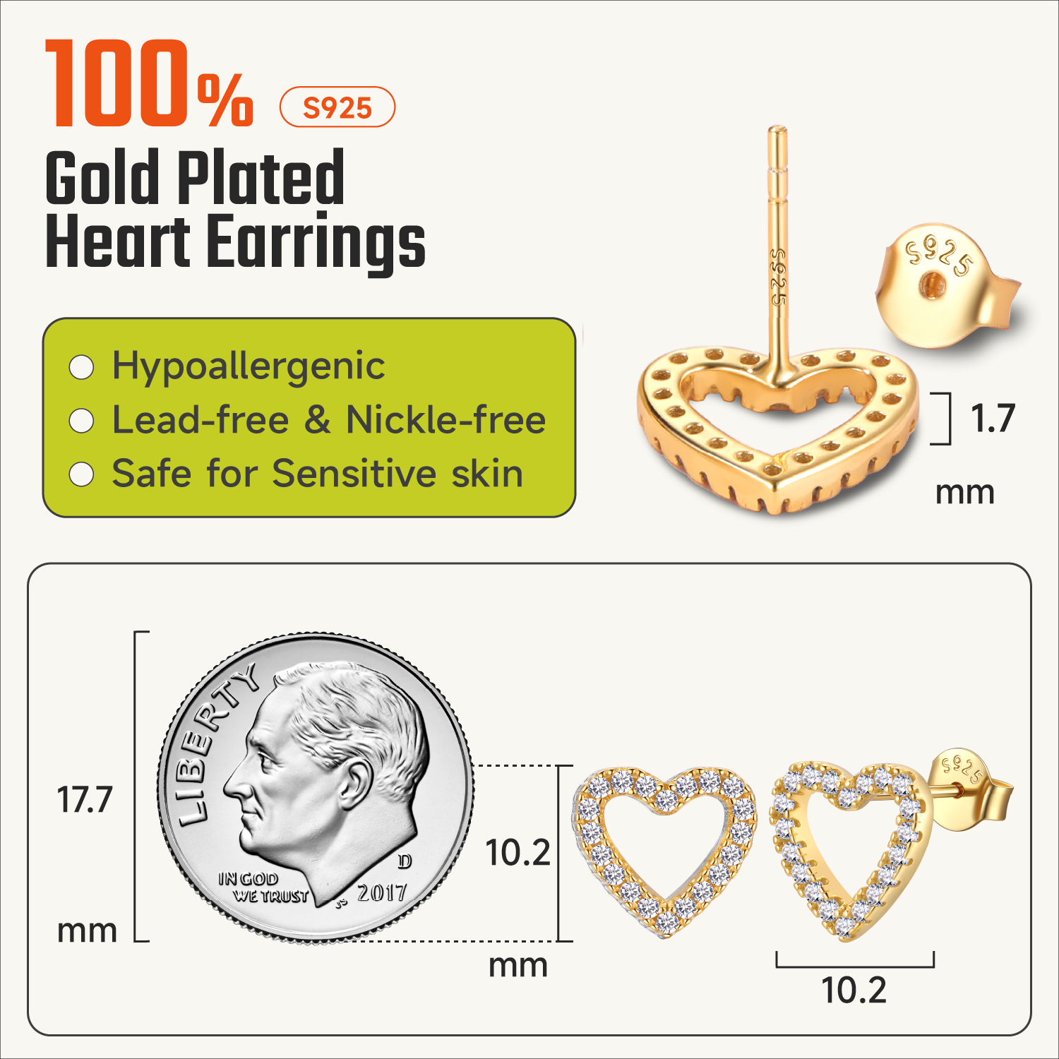 Hypoallergenic Hollow Heart Cubic Zirconia Stud Earrings Details: Dimensions, Hypoallergenic, Push Back Finding