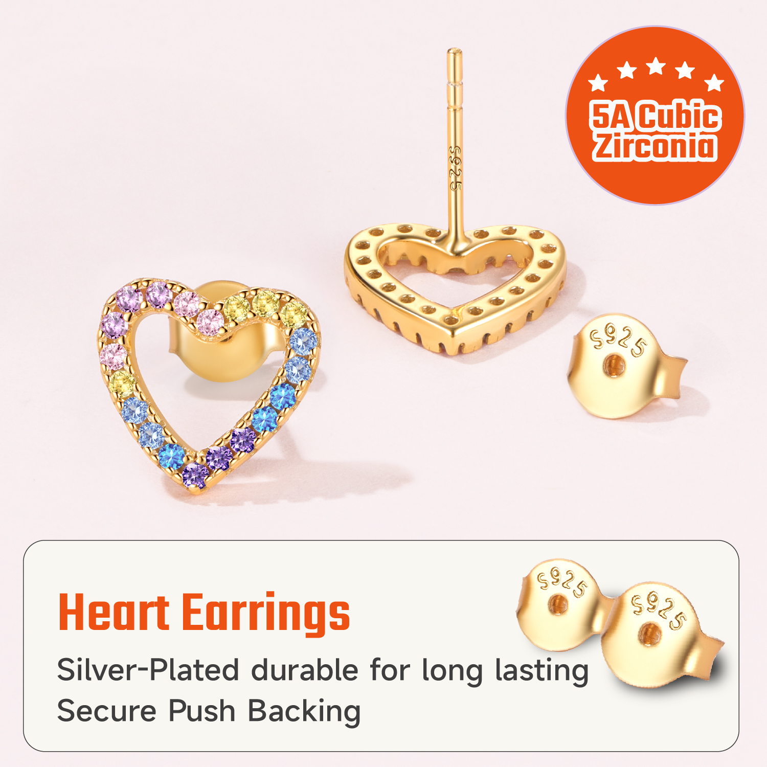 Sterling Silver Hypoallergenic Hollow Heart Cubic Zirconia Stud Earrings