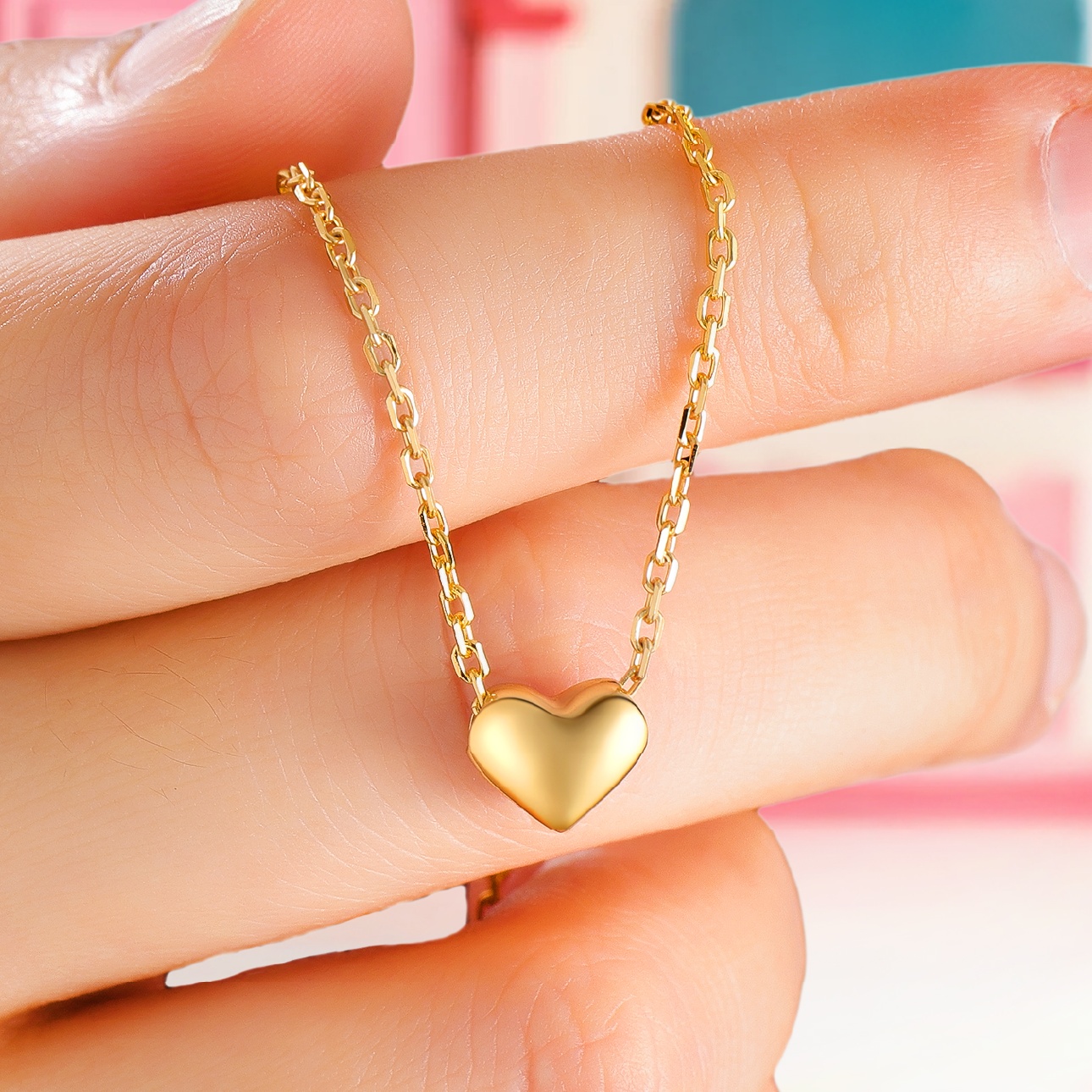 Tiny Dainty Puff Heart Pendant Gold Necklace detail