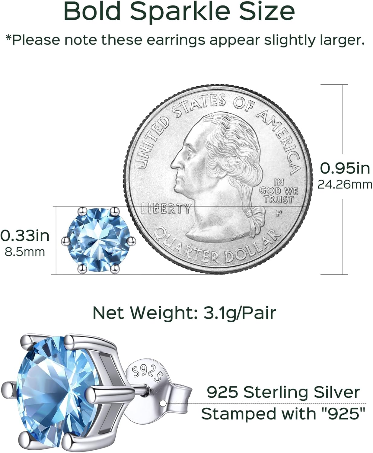 8.5mm Sparkling Round Cut Birthstone Halo Stud Earrings Details: Dimensions, Hypoallergenic, Push Back Finding