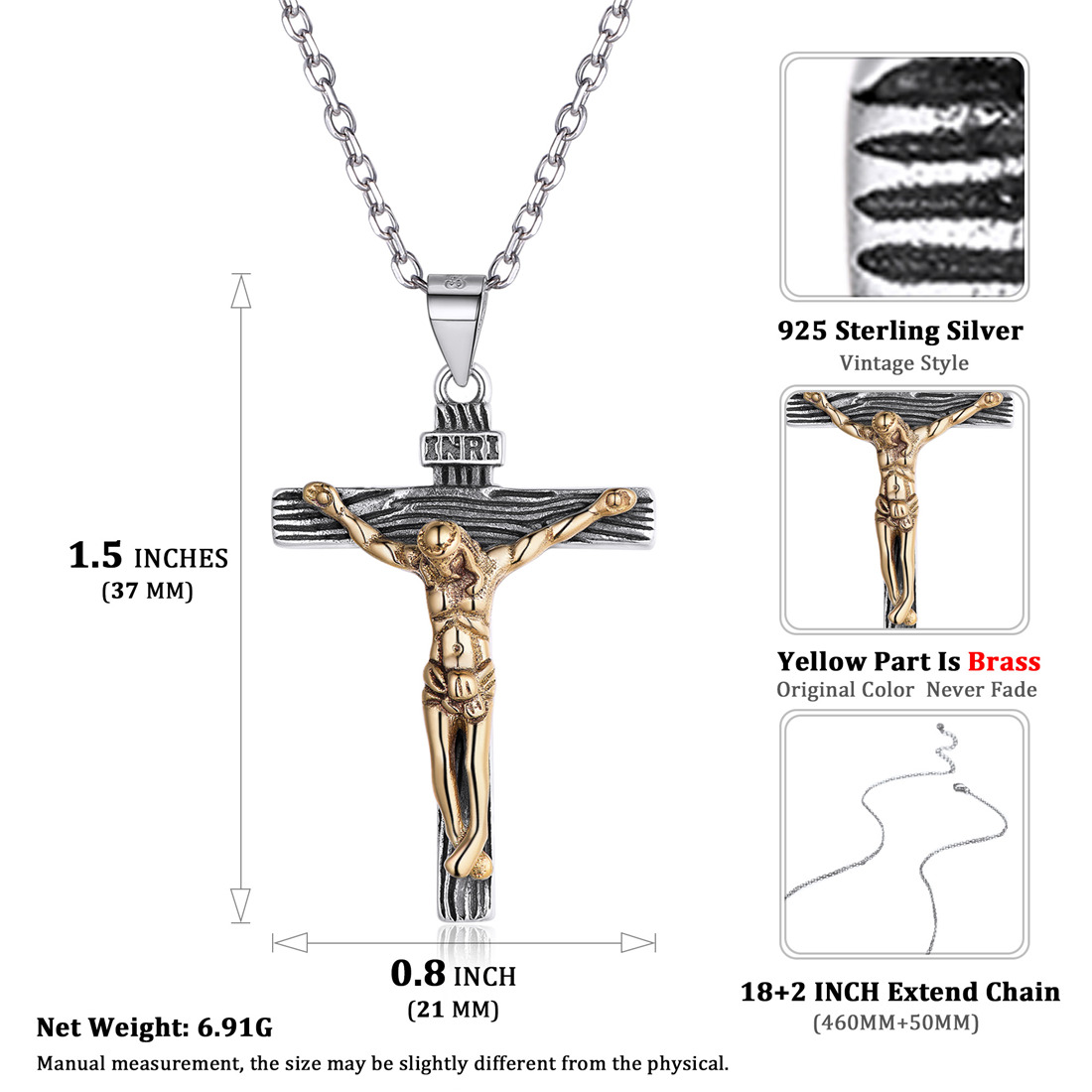 ChicSilver Sterling Silver Jesus Christ Crucifix Cross Pendant Necklace Details: Dimensions, Hypoallergenic, Lobster-Claw-Clasps