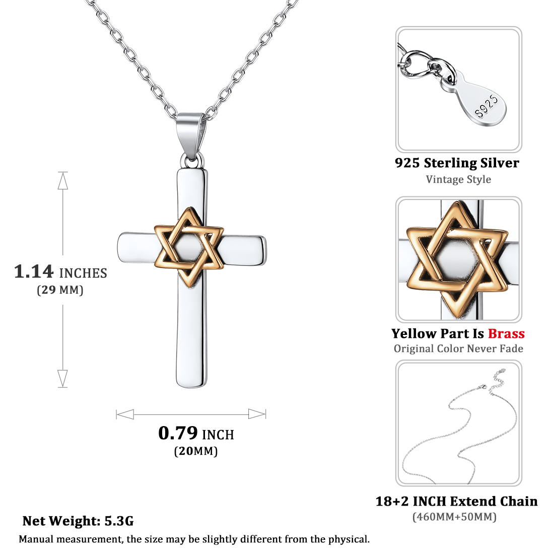 ChicSilver Sterling Silver Two Tone Cross Star of David Pendant Necklace Details: Dimensions, Hypoallergenic, Lobster-Claw-Clasps