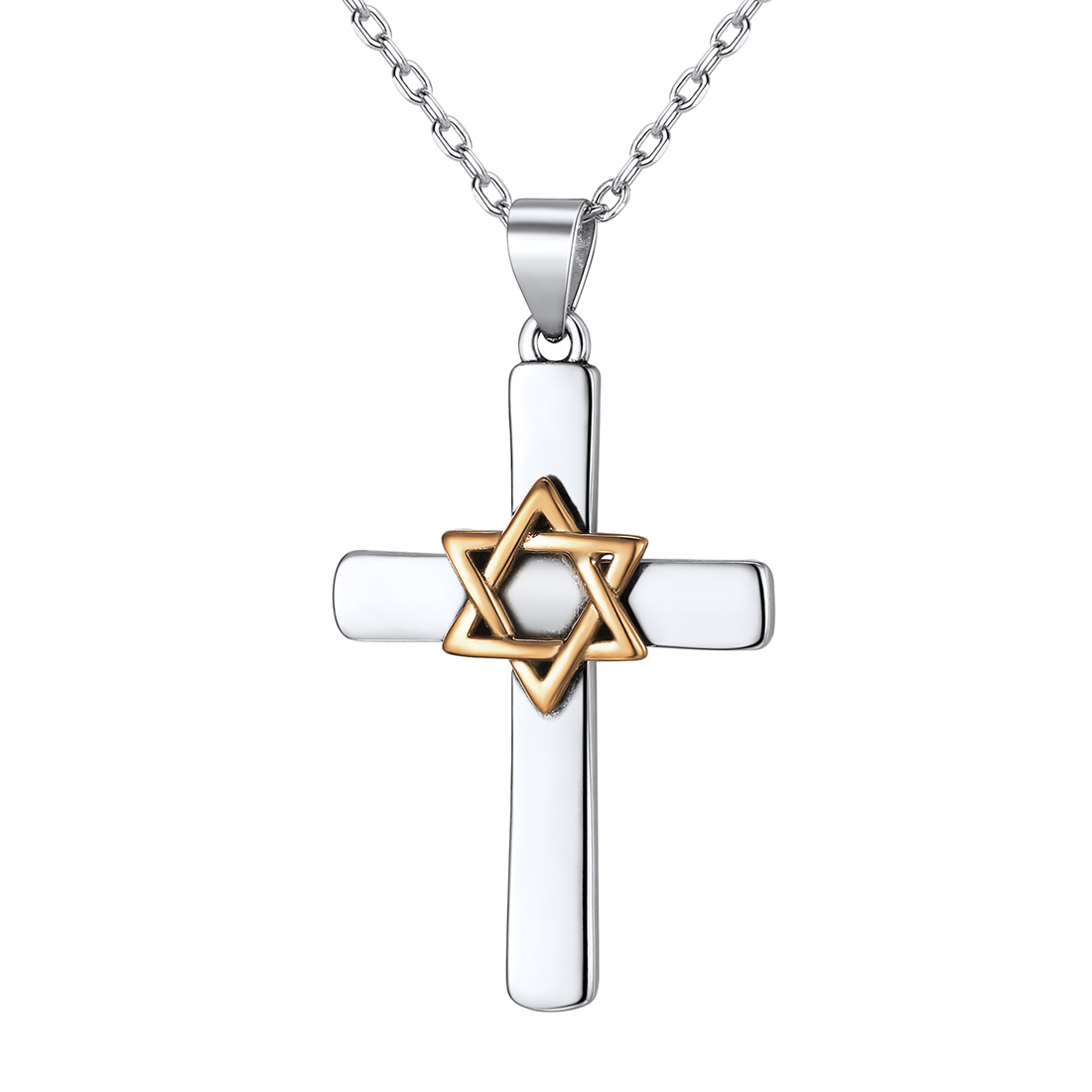 Two Tone Cross Star of David Pendant Necklace