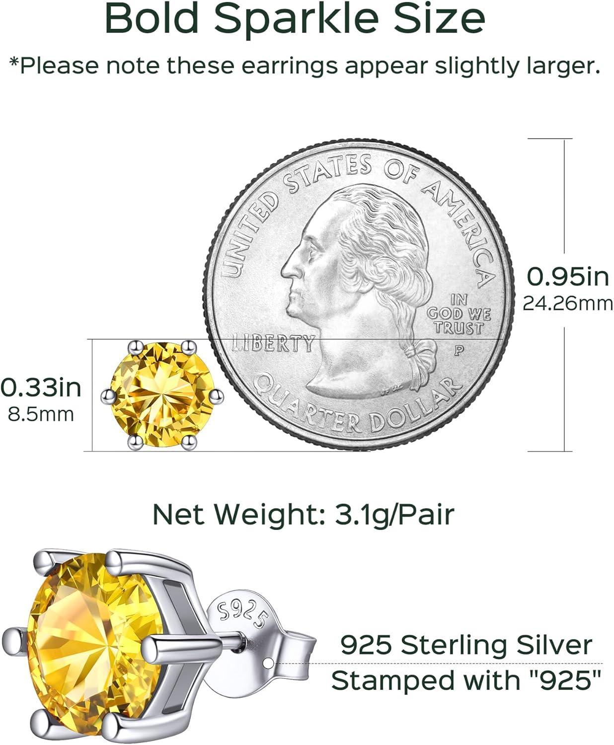 8.5mm Sparkling Round Cut Birthstone Halo Stud Earrings Details: Dimensions, Hypoallergenic, Push Back Finding