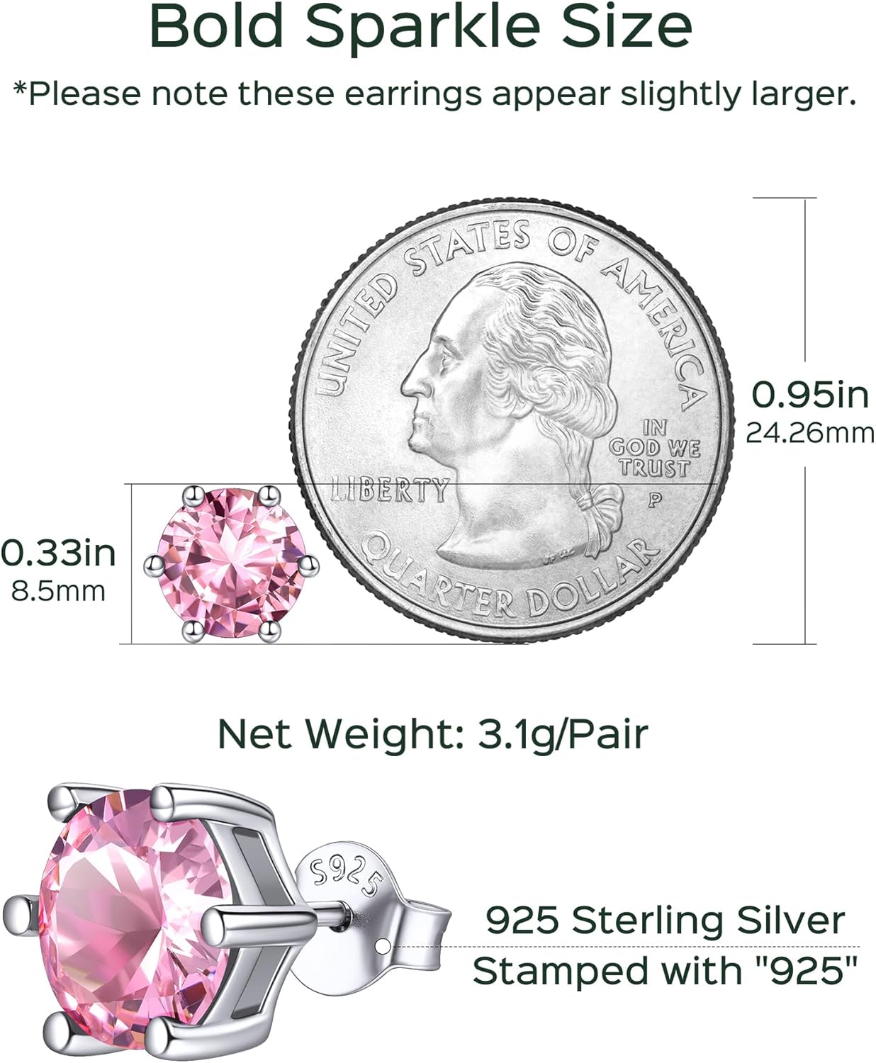 8.5mm Sparkling Round Cut Birthstone Halo Stud Earrings Details: Dimensions, Hypoallergenic, Push Back Finding