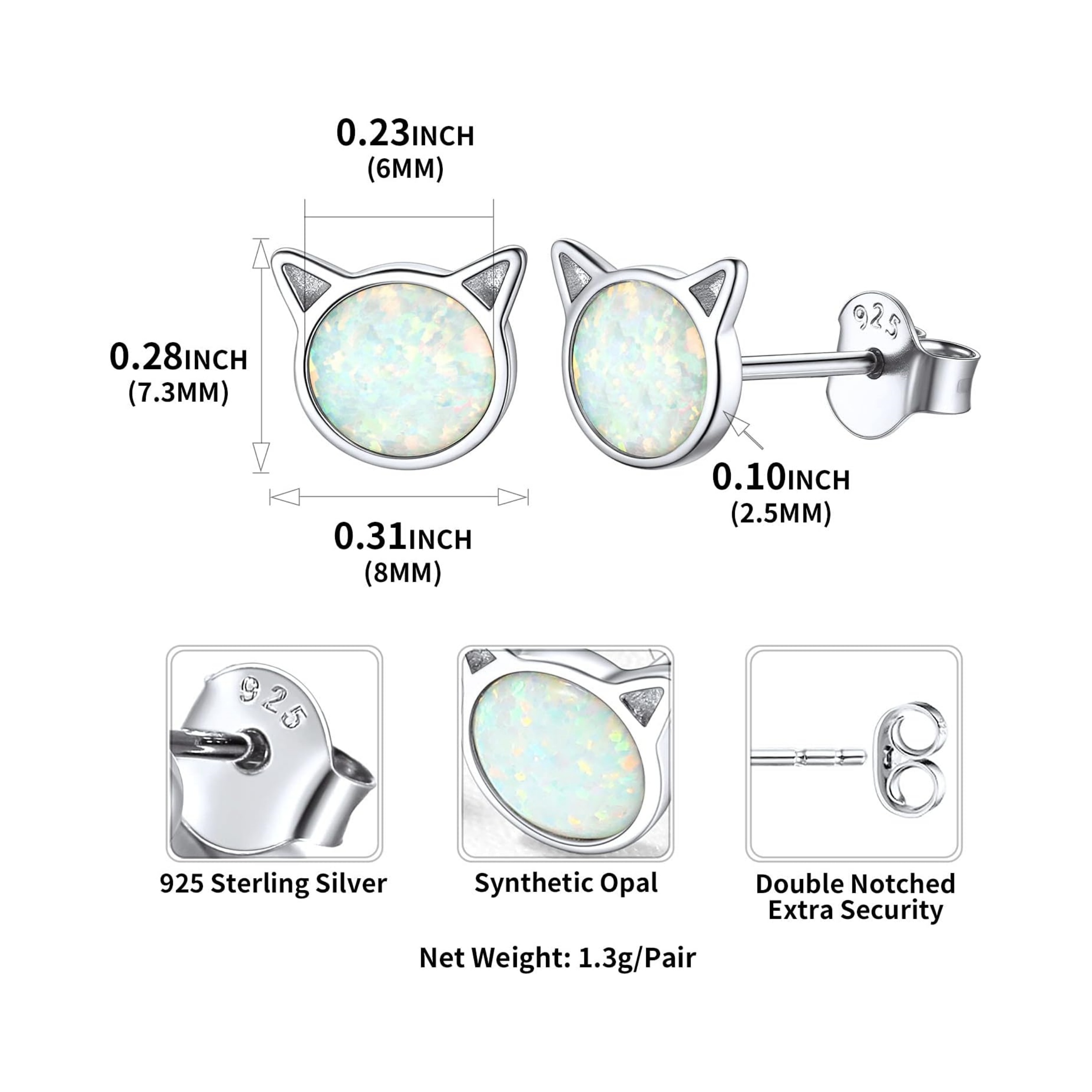 Opal Cat Stone Stud Earrings Details: Dimensions, Hypoallergenic, Push Back Finding